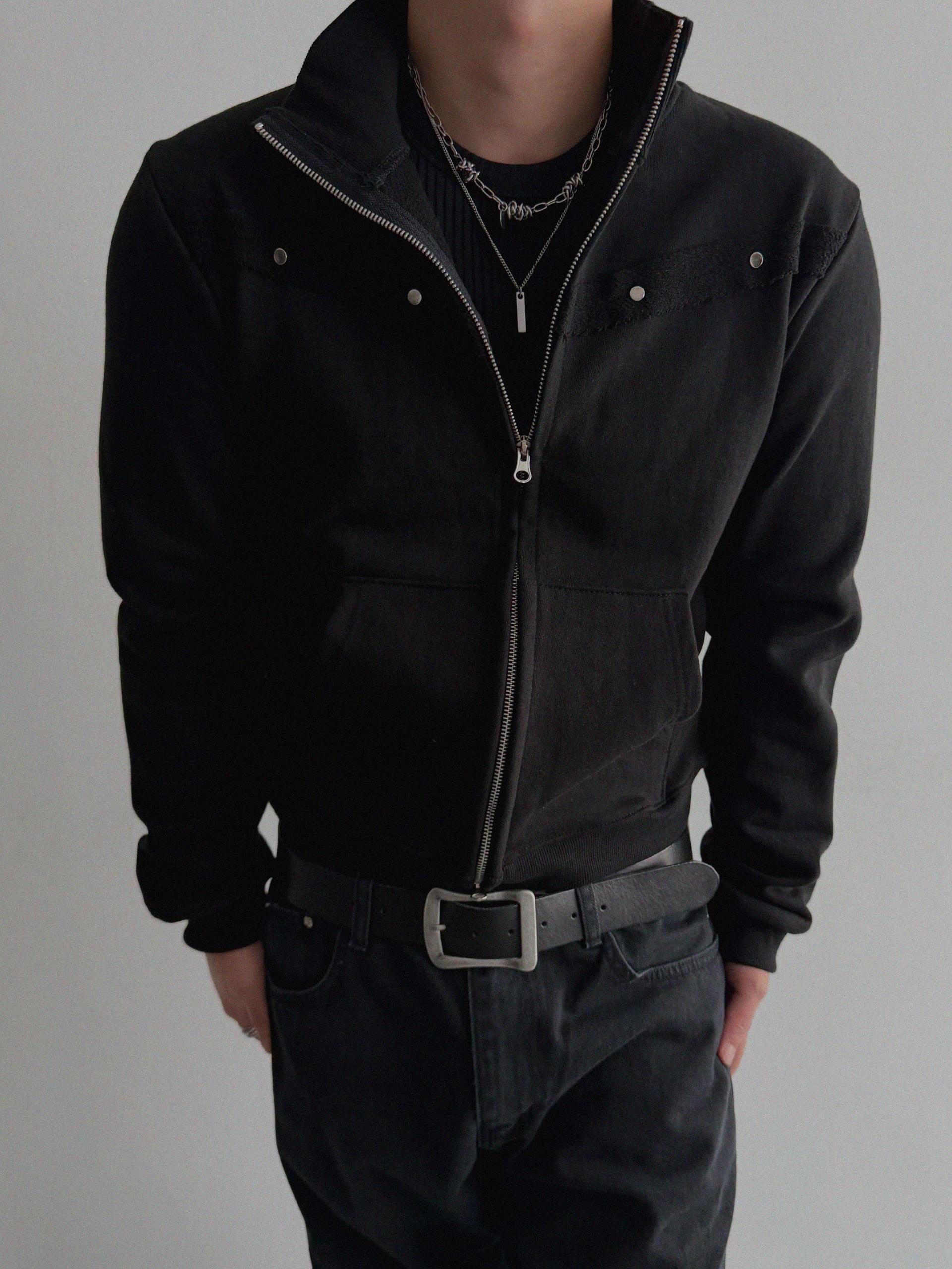 Fringe rivet slim high neck zip-up