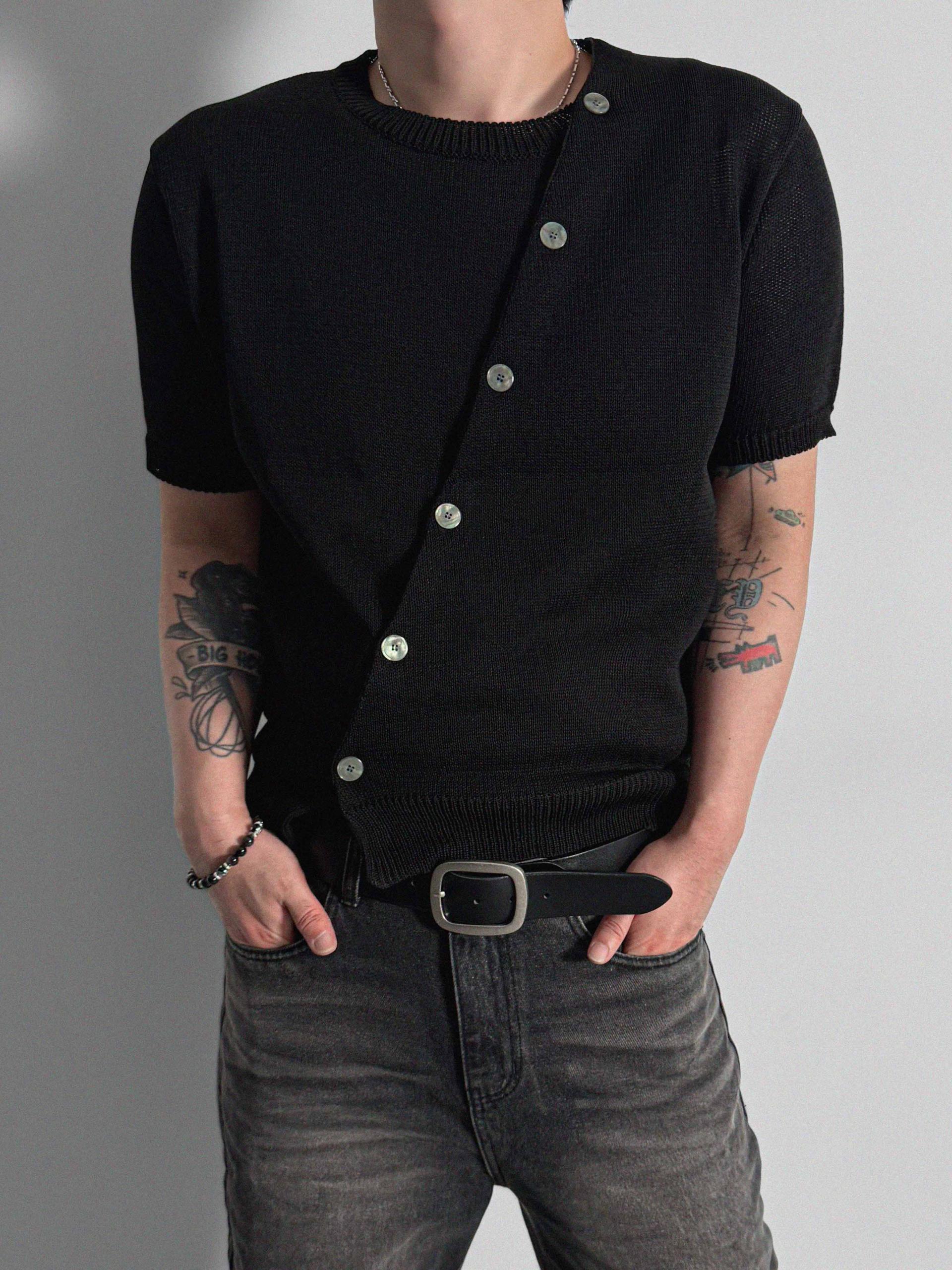 Slit button linen knit