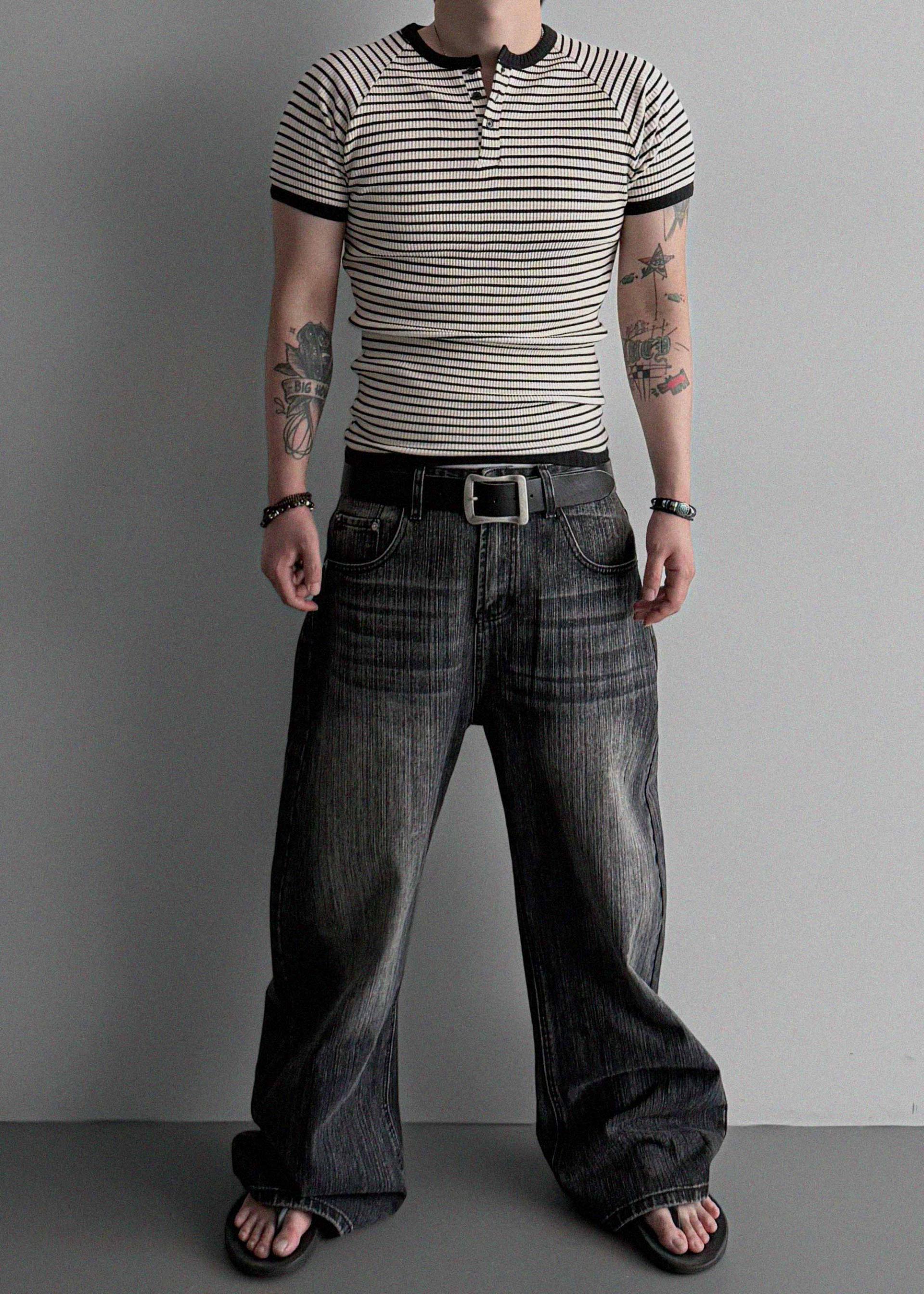 Striped washed curved denim pants