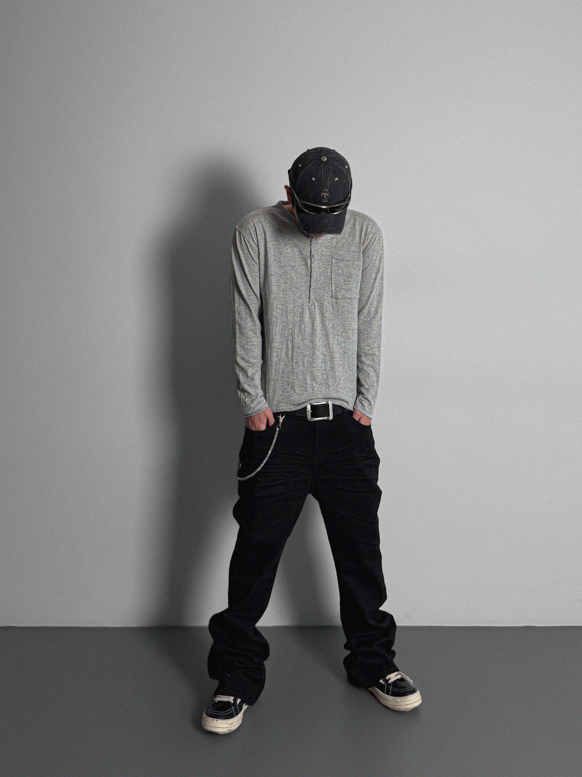Button slub henley neck slim t