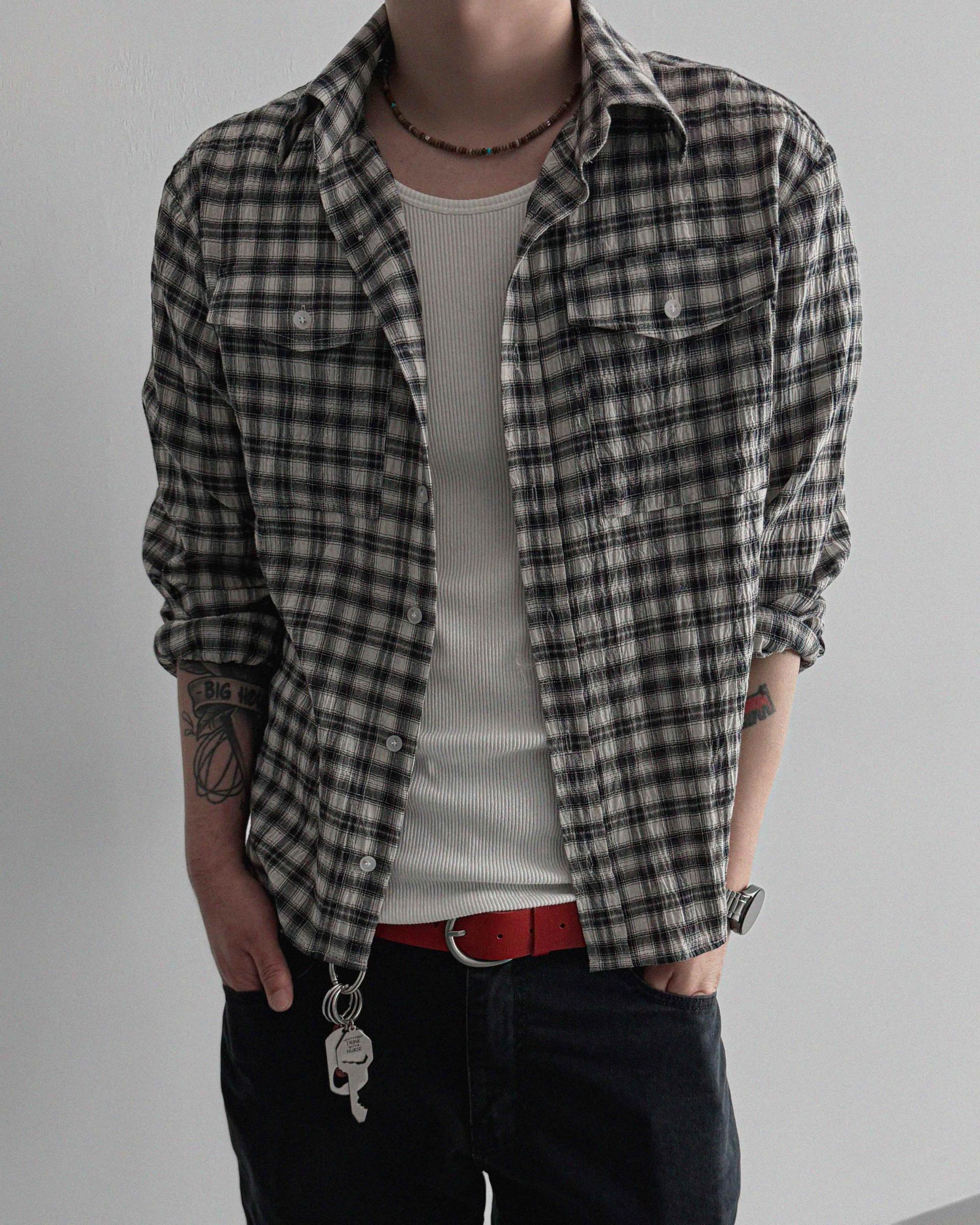 Linen two pocket crop check shirt