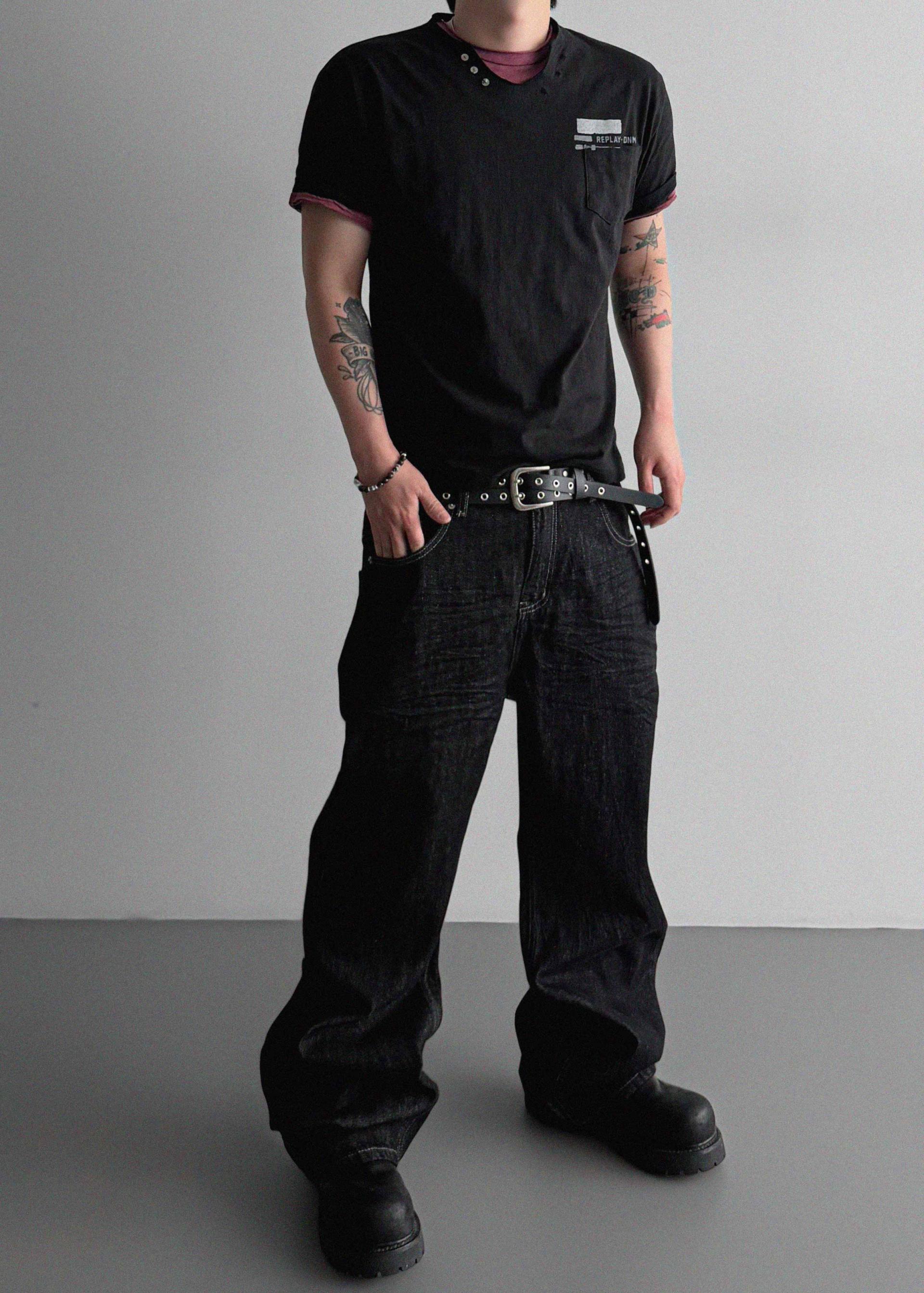 Embossed non-faded denim pants