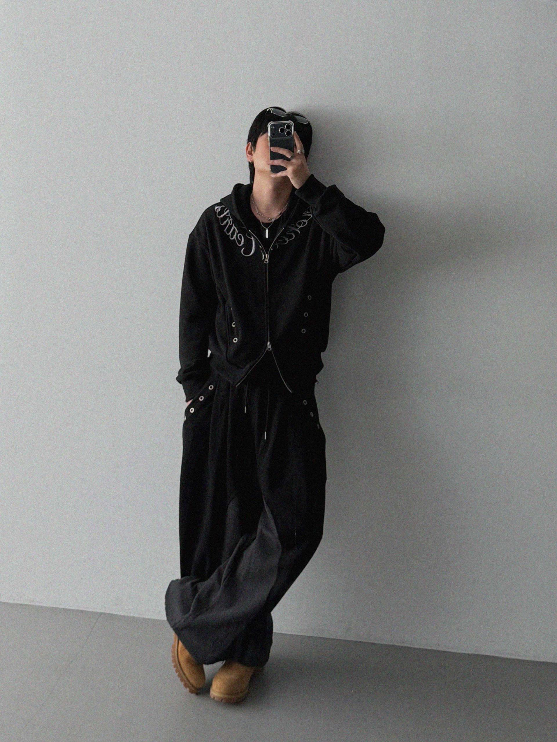 Broken eyelet crop hoodie zip-up