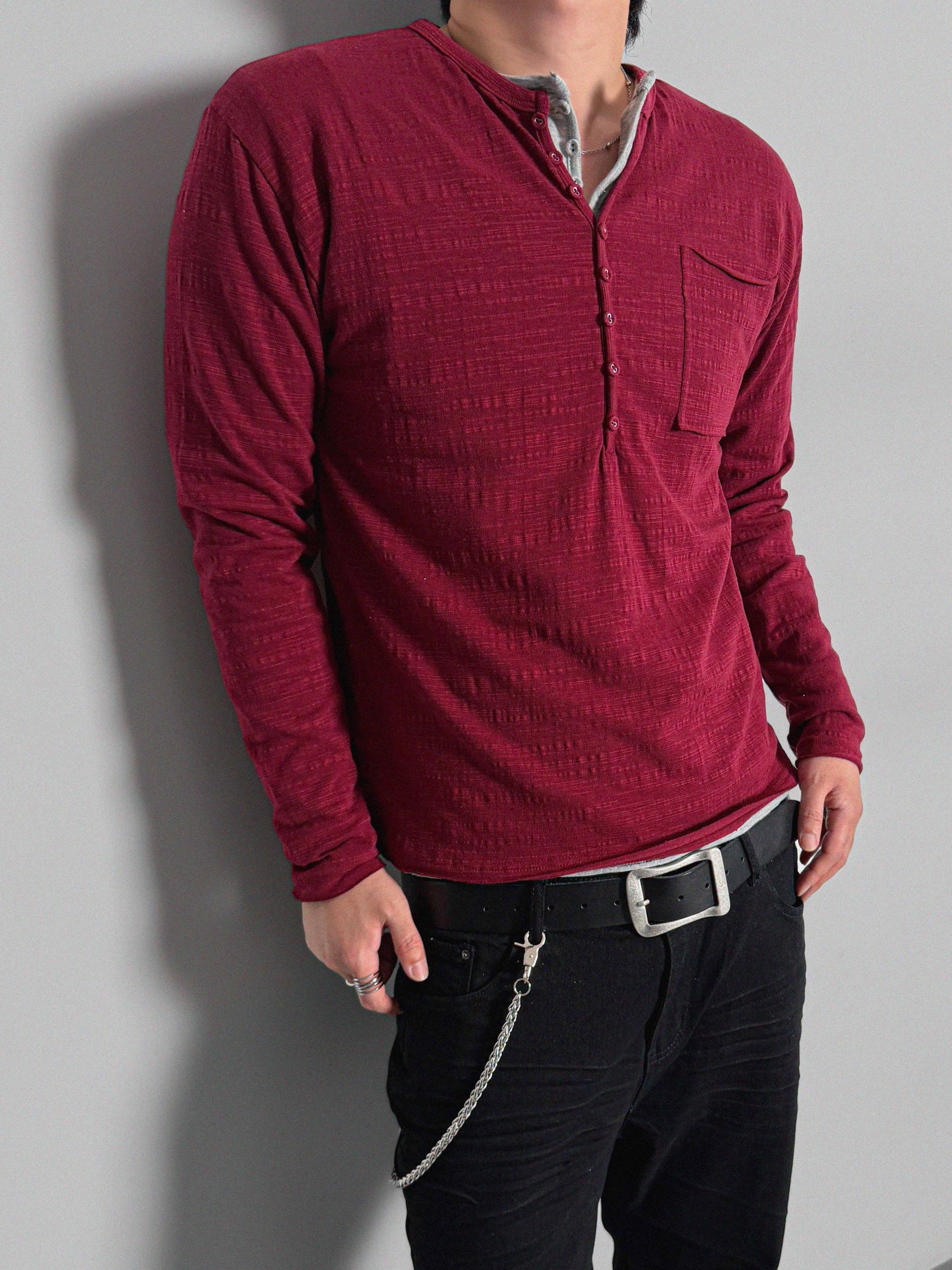 Button slub henley neck slim t