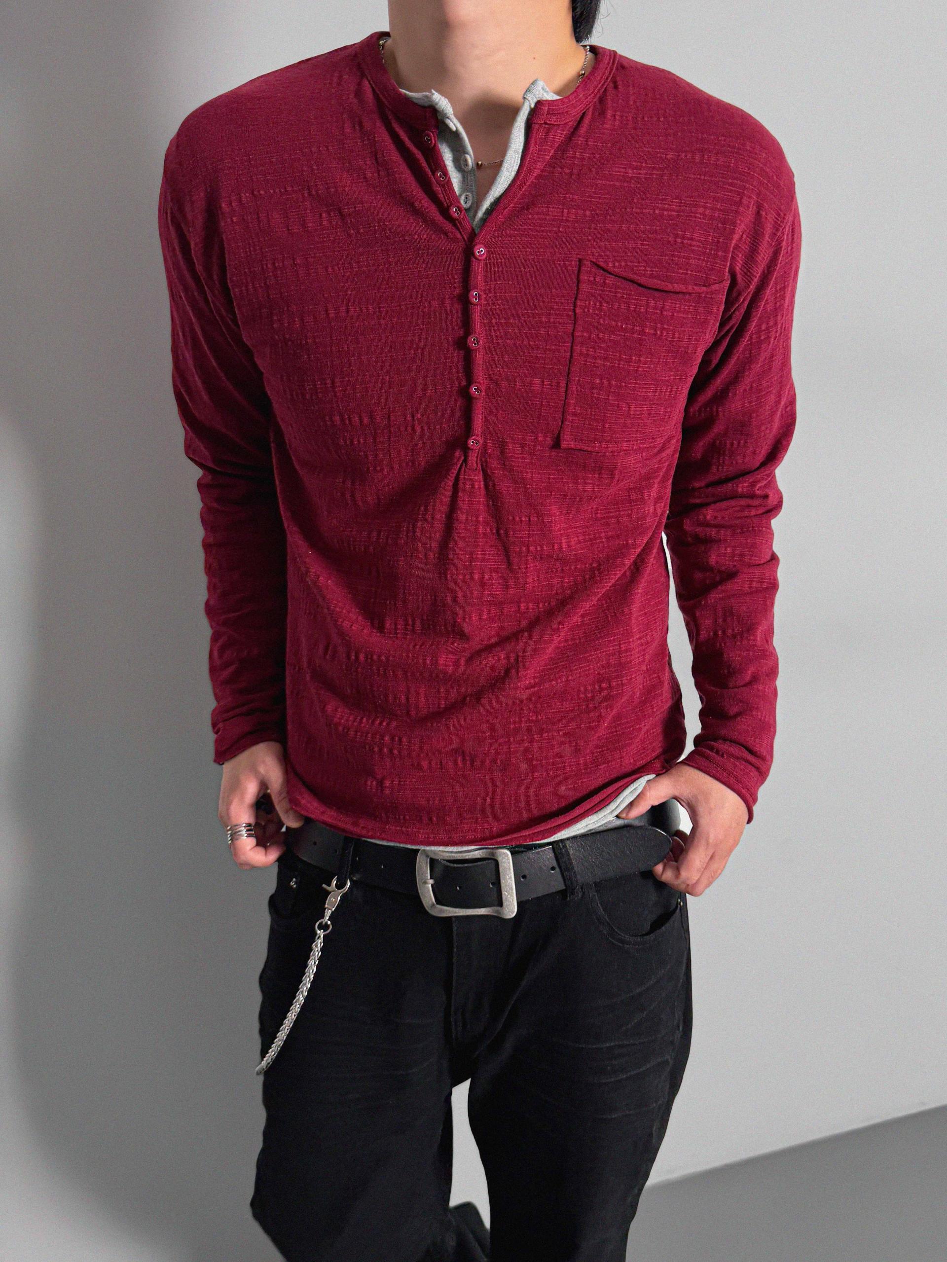 Button slub henley neck slim t