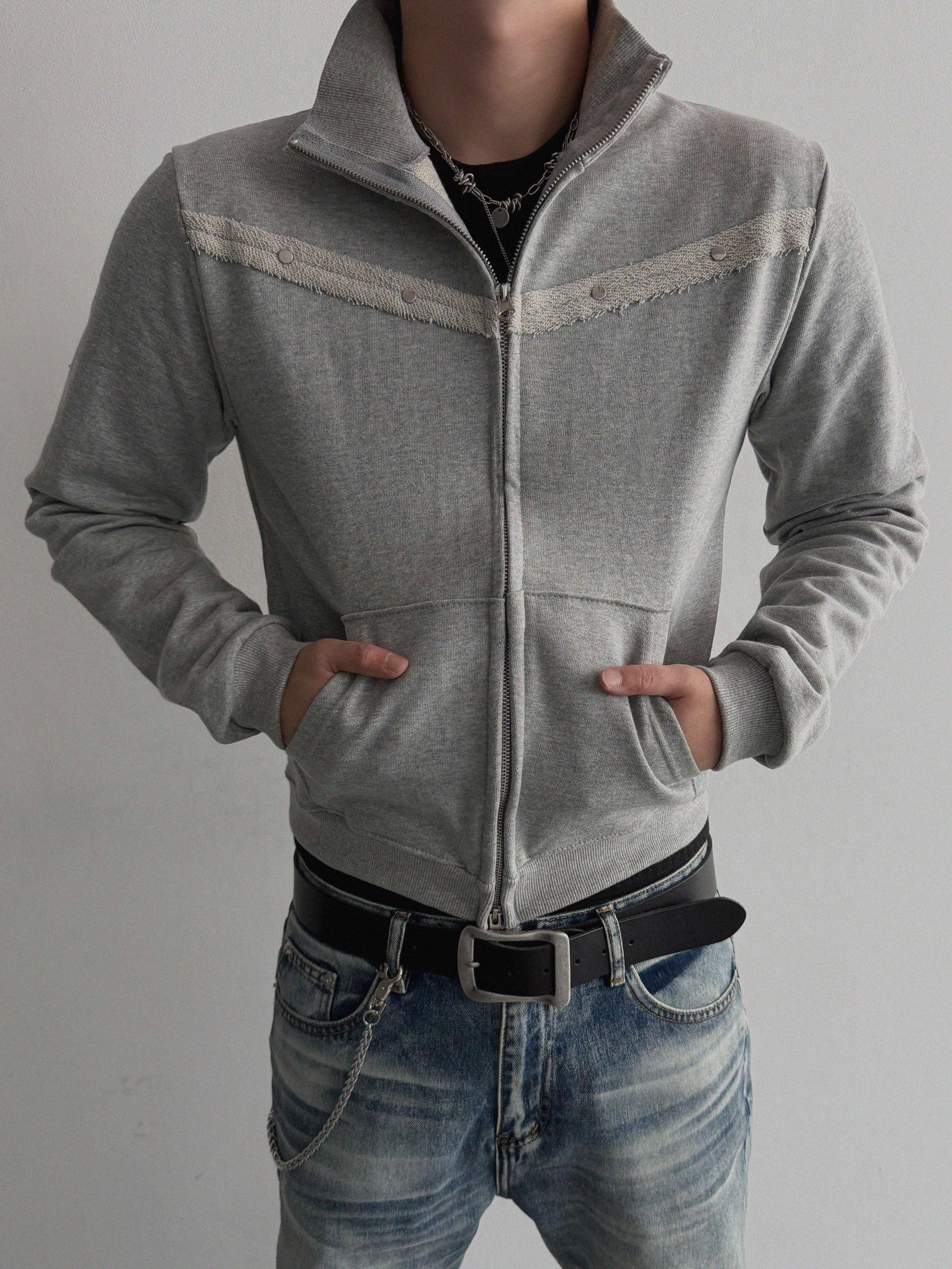 Fringe rivet slim high neck zip-up