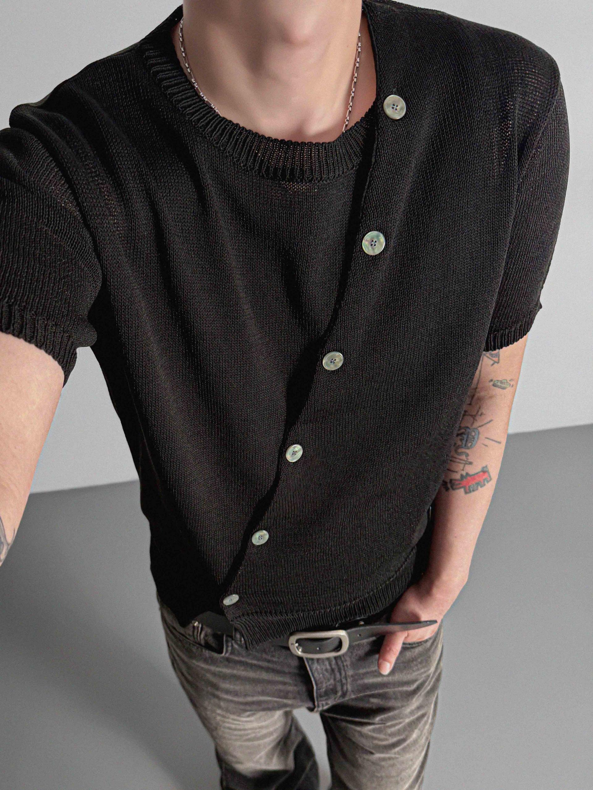 Slit button linen knit