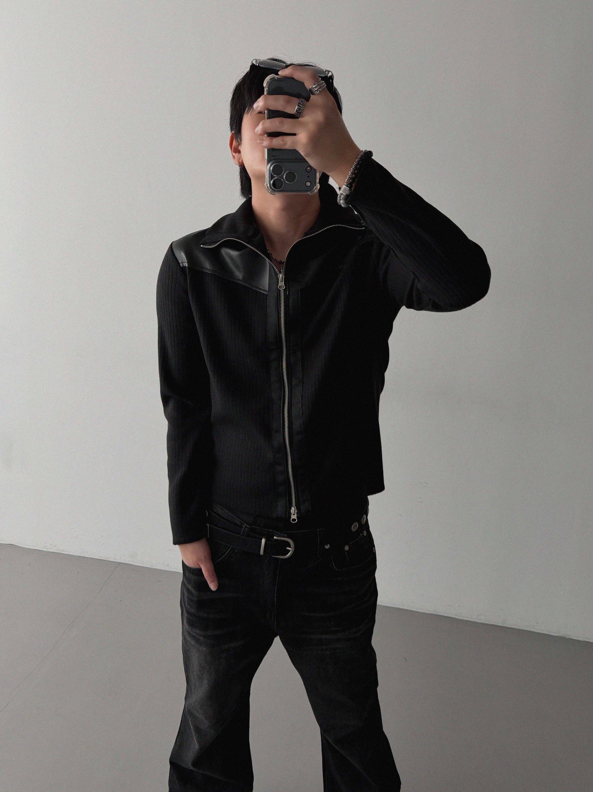 Shadow leather panel knit zip-up