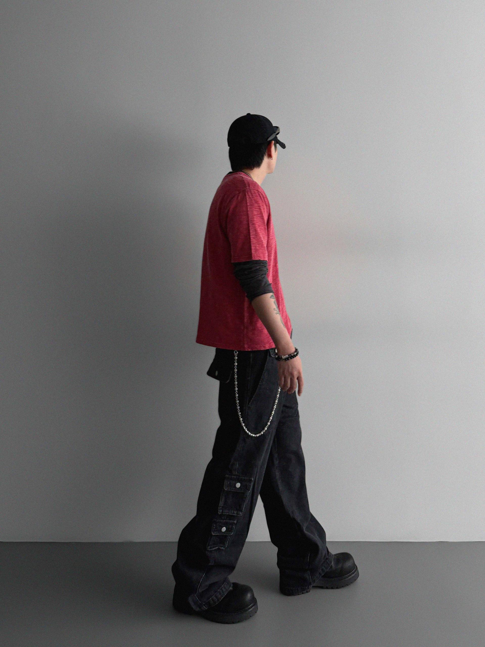 Unbalanced cargo denim pants