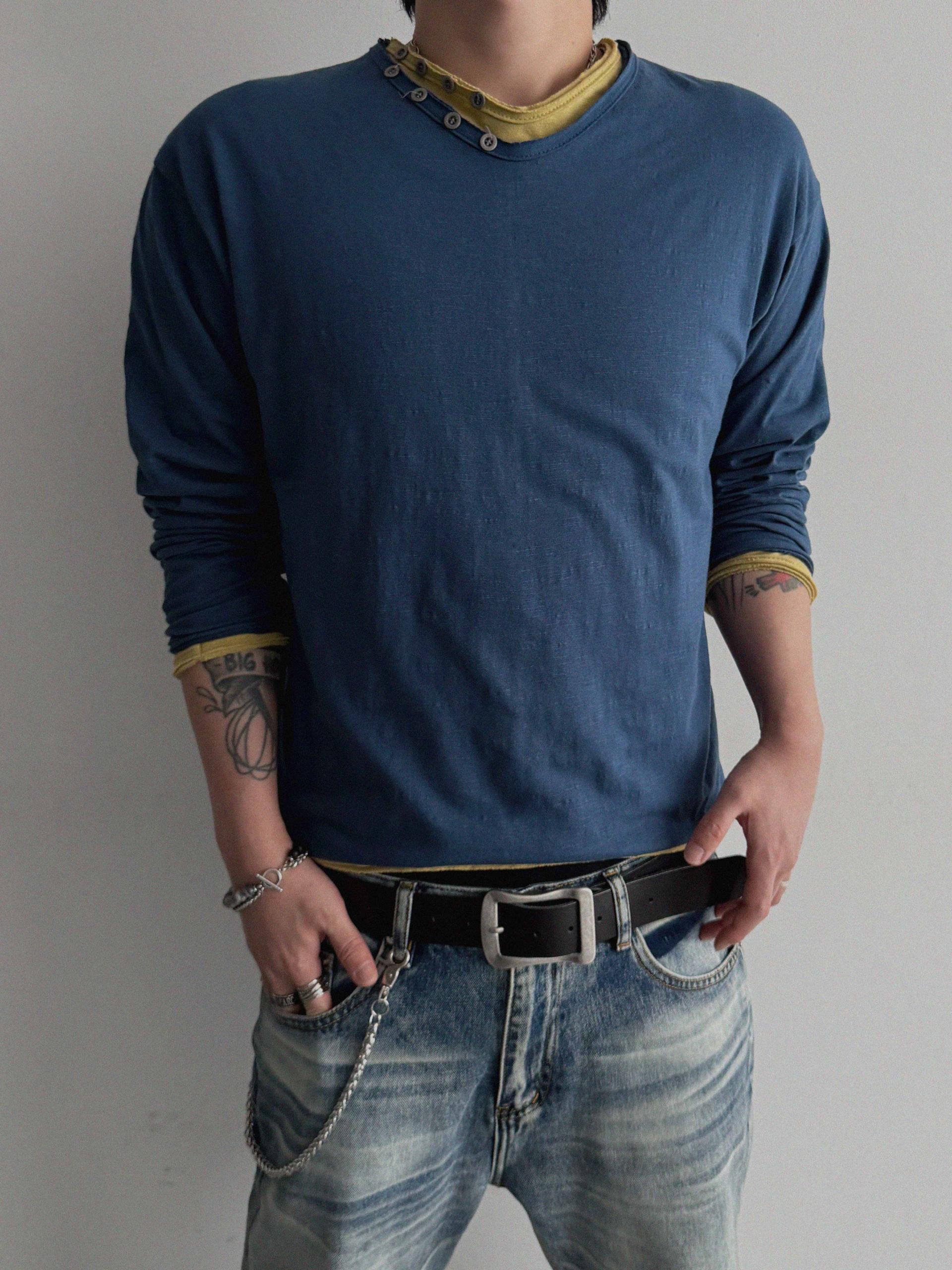 Button v-neck slub cutting crop t
