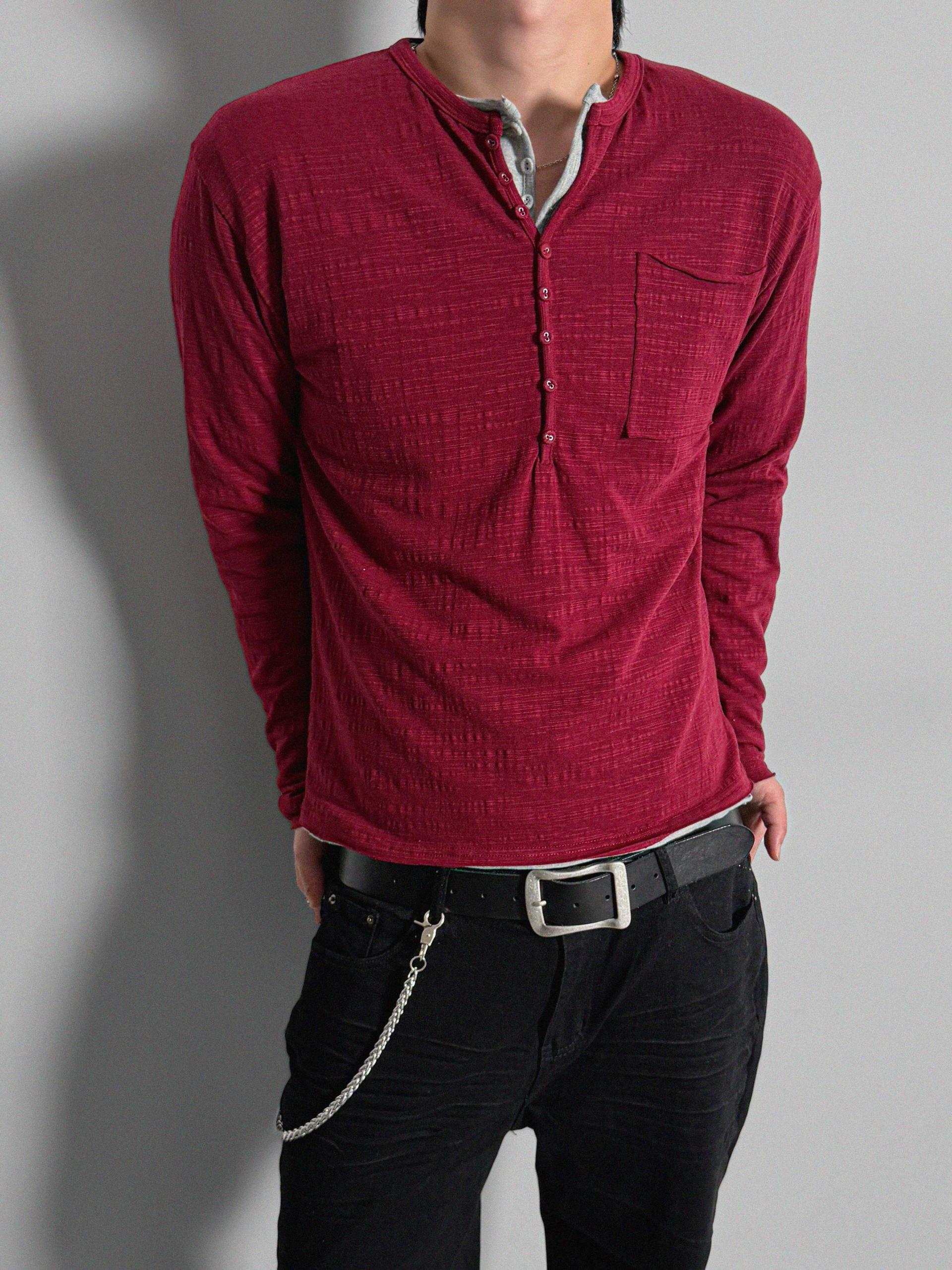 Button slub henley neck slim t