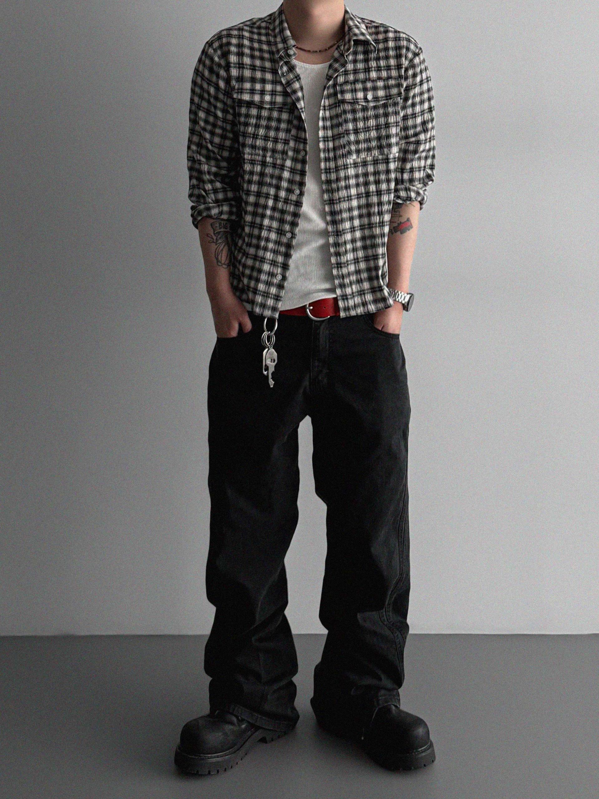 Linen two pocket crop check shirt