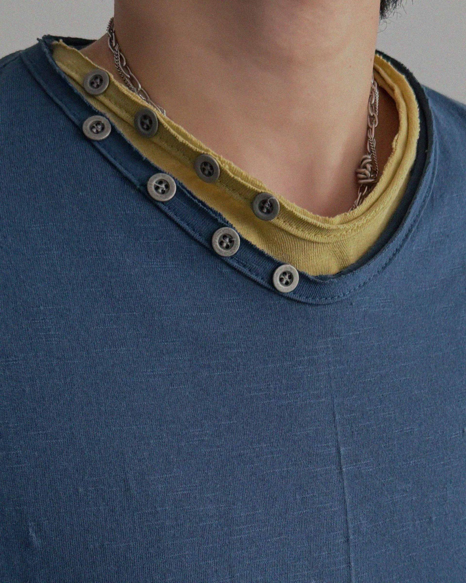 Button v-neck slub cutting crop t