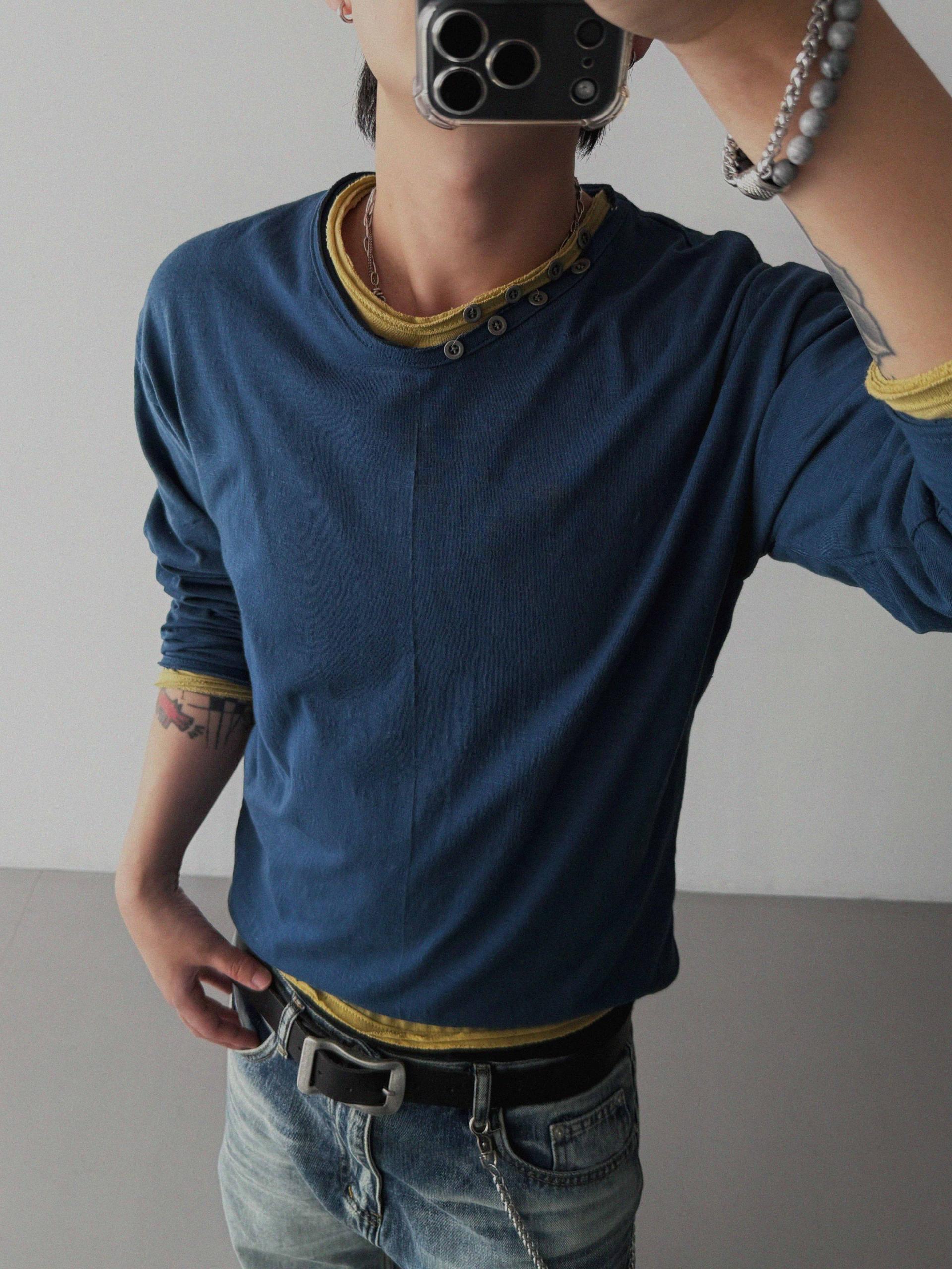 Button v-neck slub cutting crop t