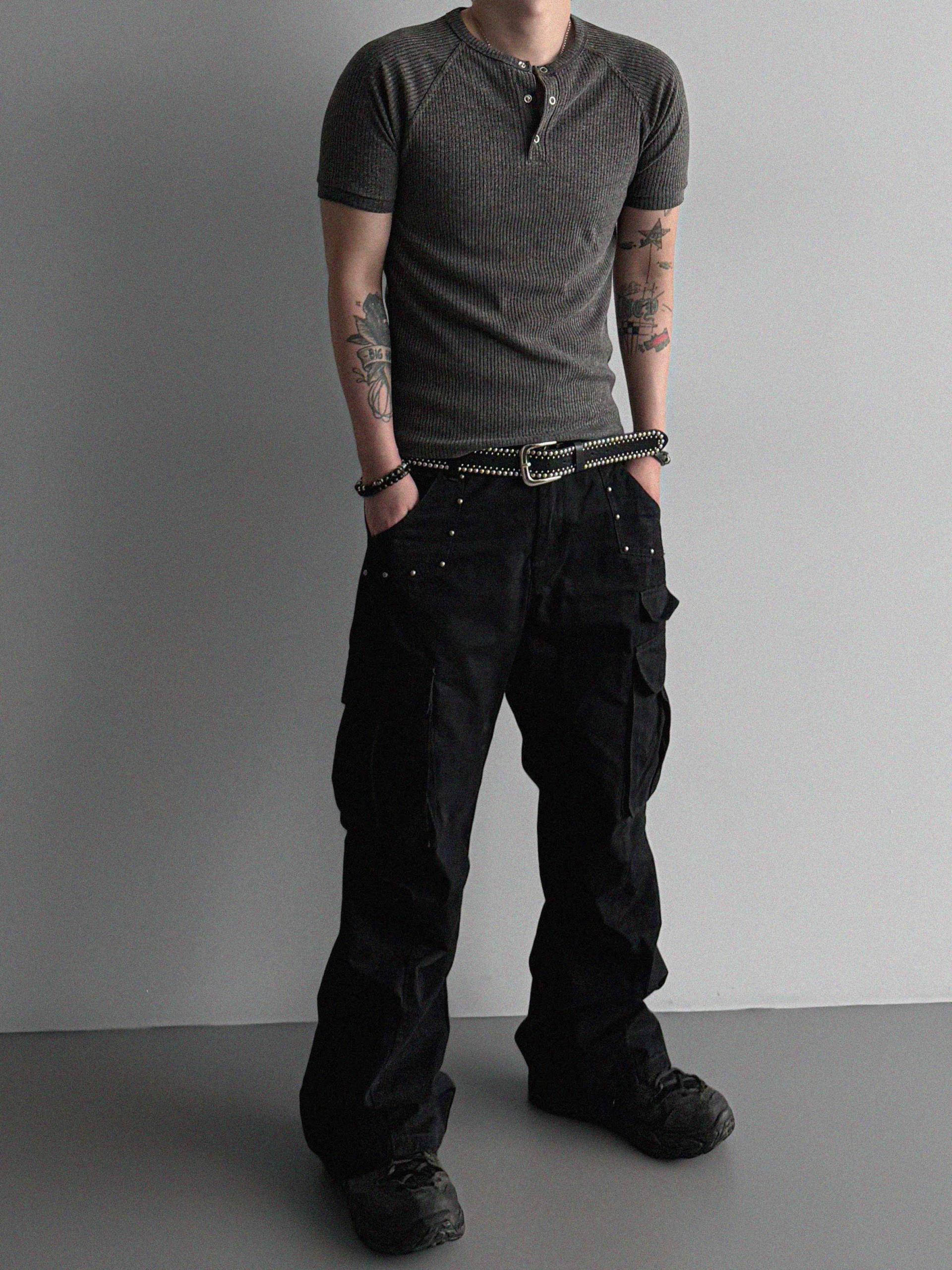 Fold ribbed henley neck muscle half t