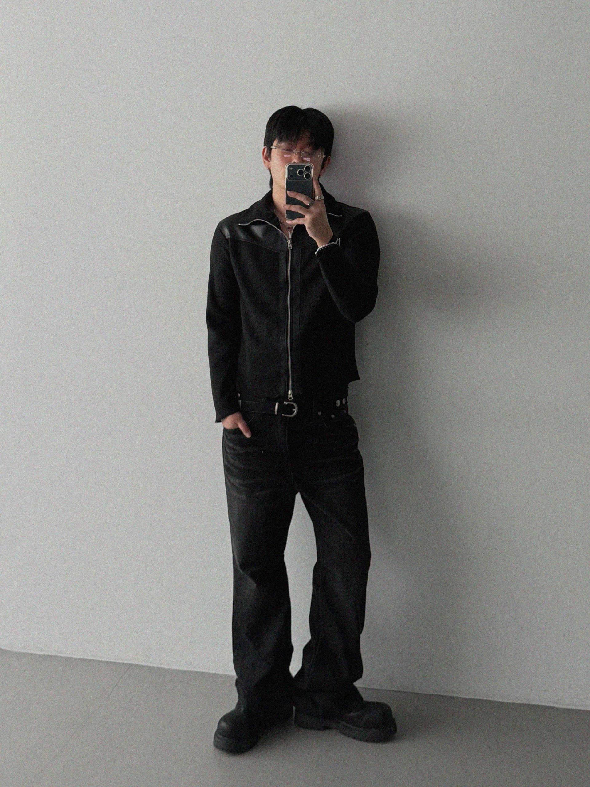 Shadow leather panel knit zip-up