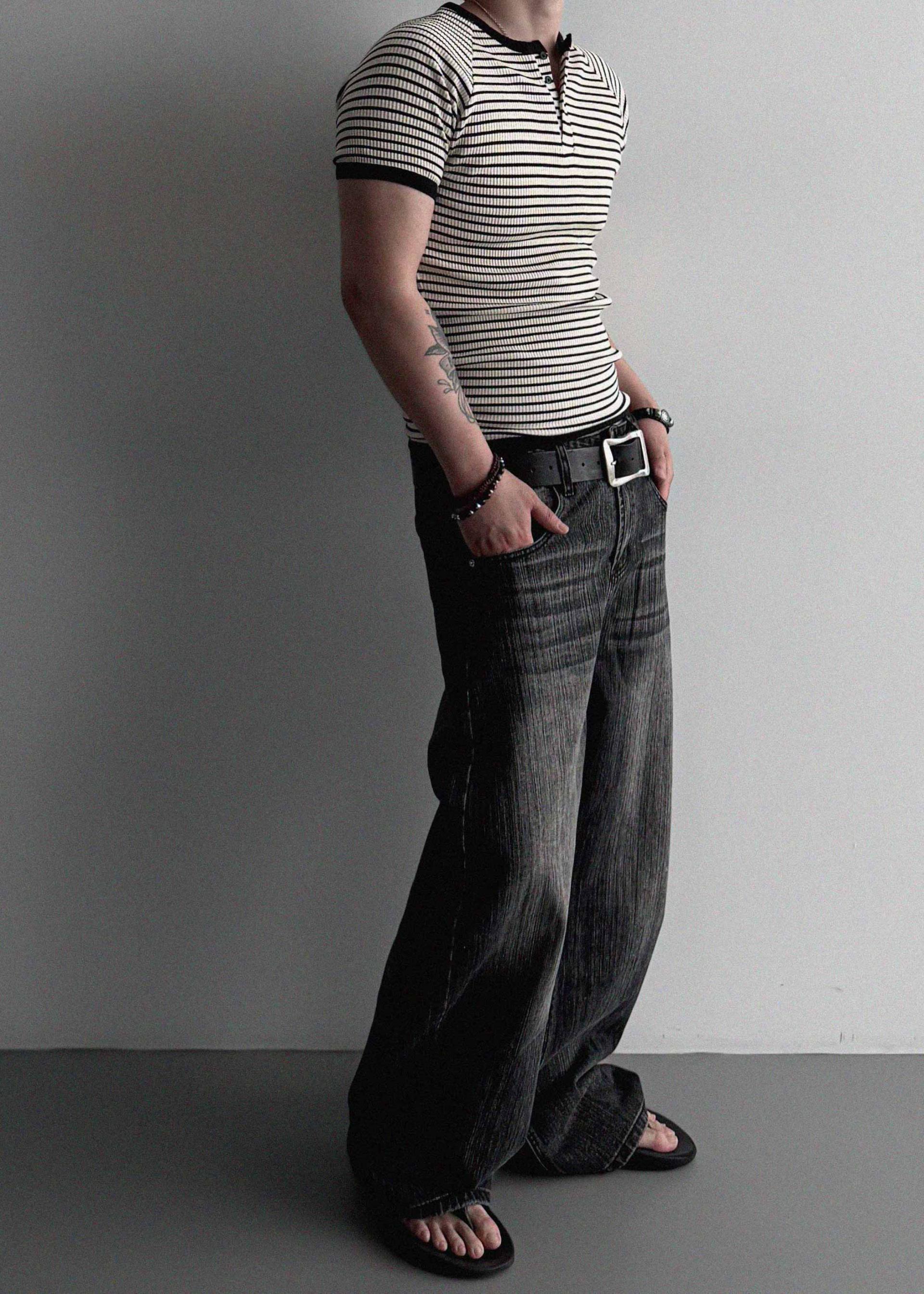 Striped washed curved denim pants