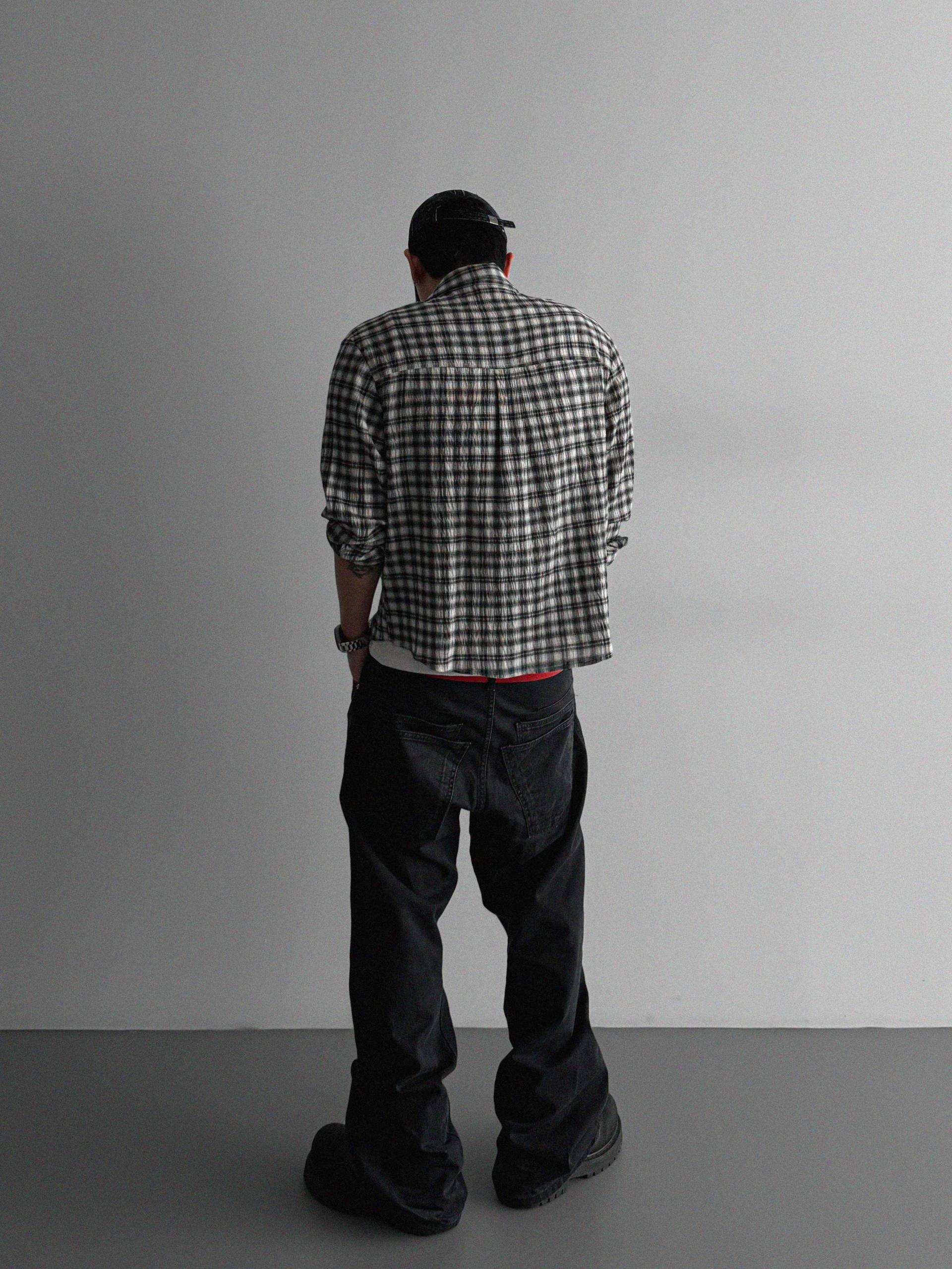 Linen two pocket crop check shirt