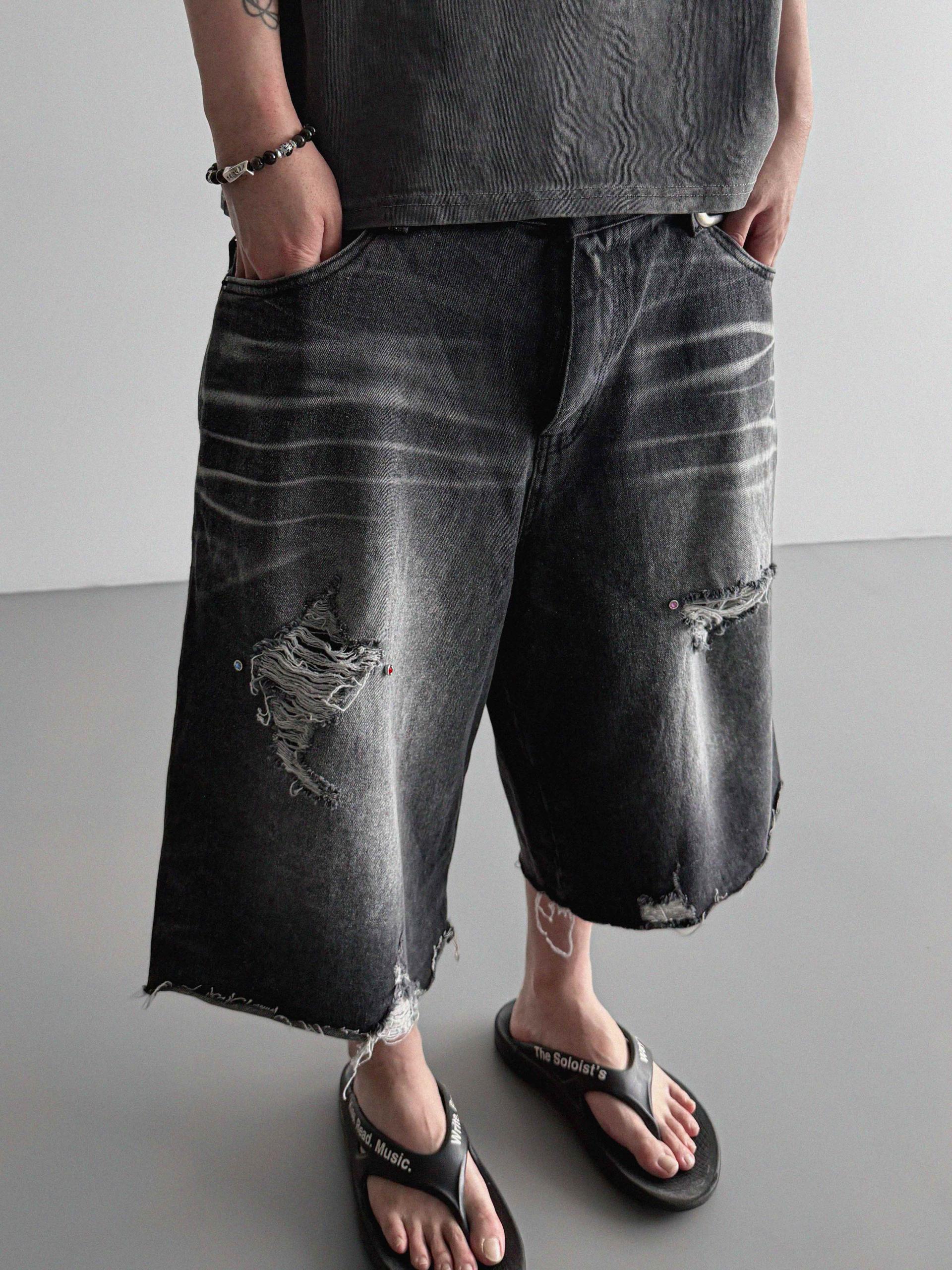 Cubic vintage denim bermuda pants