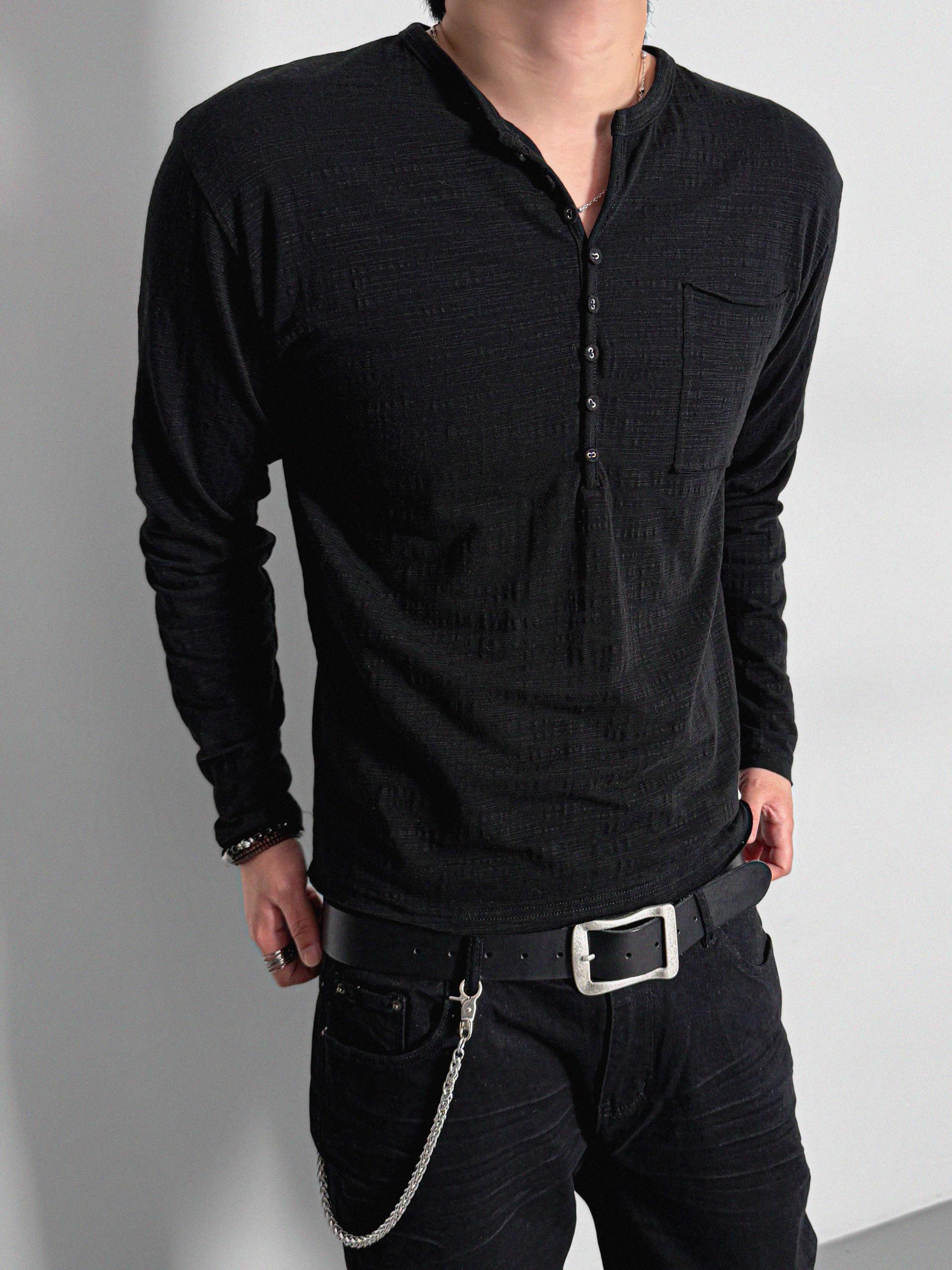 Button slub henley neck slim t