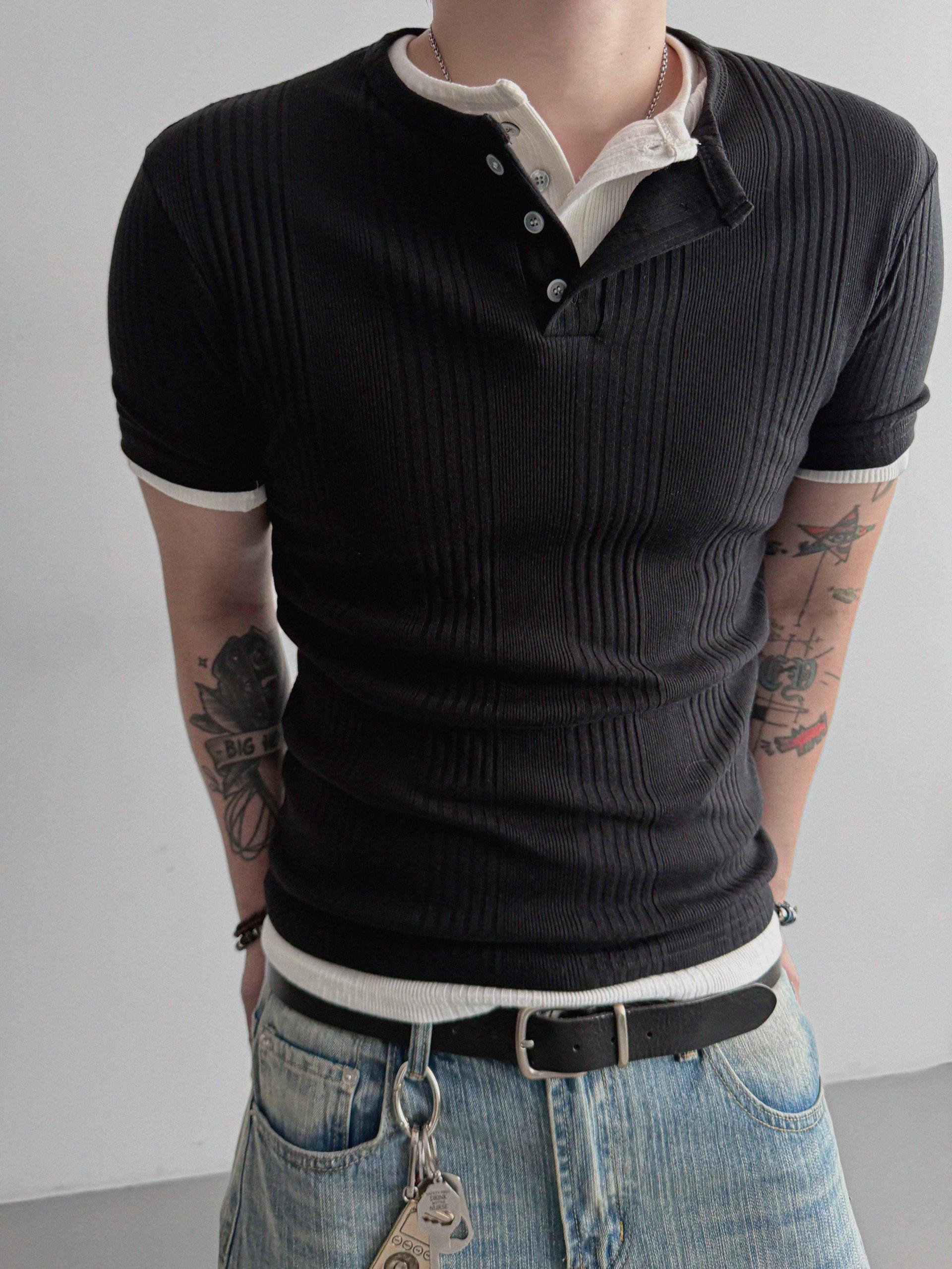 Terrace henley ceck slim half T