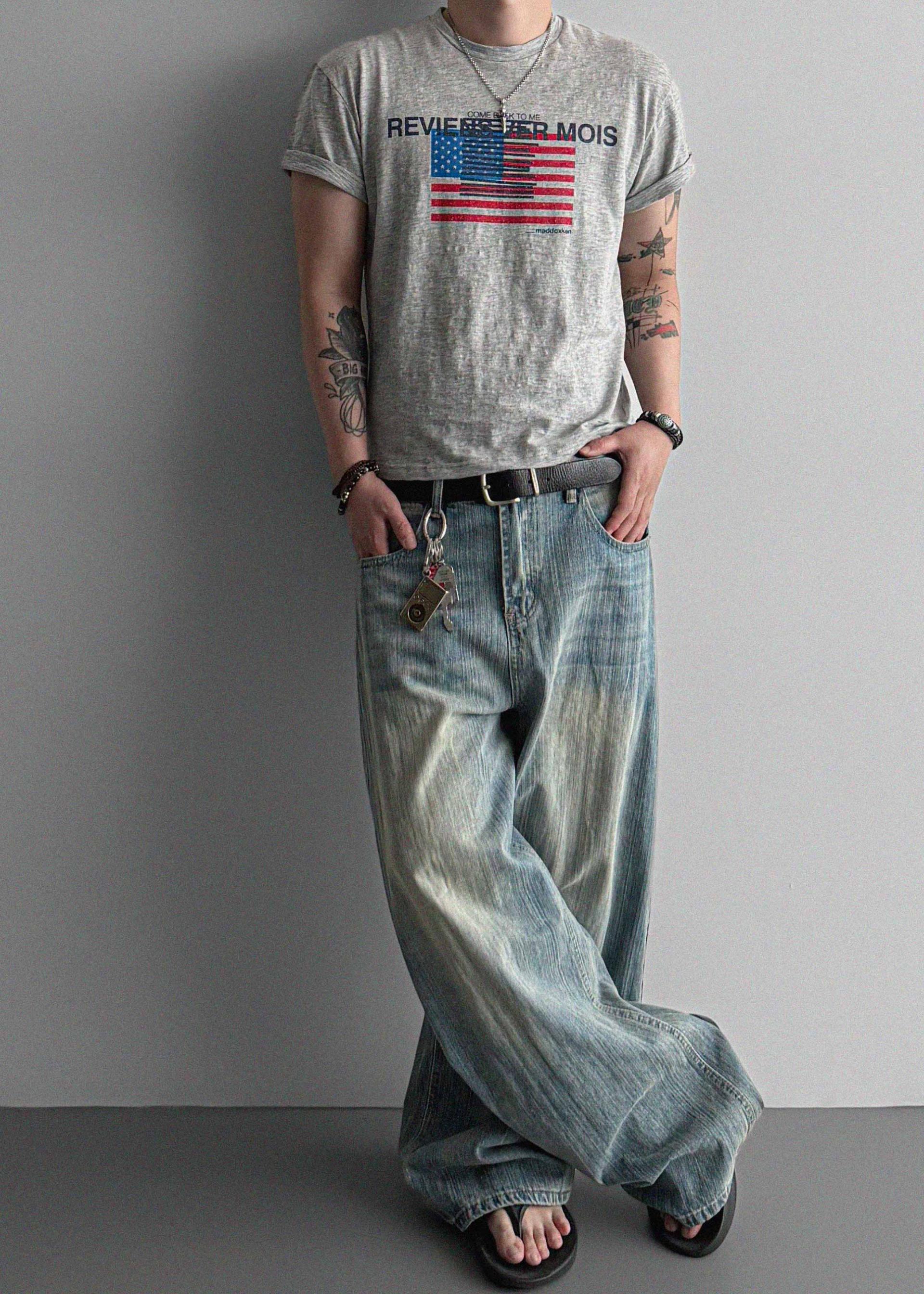 Striped washed curved denim pants