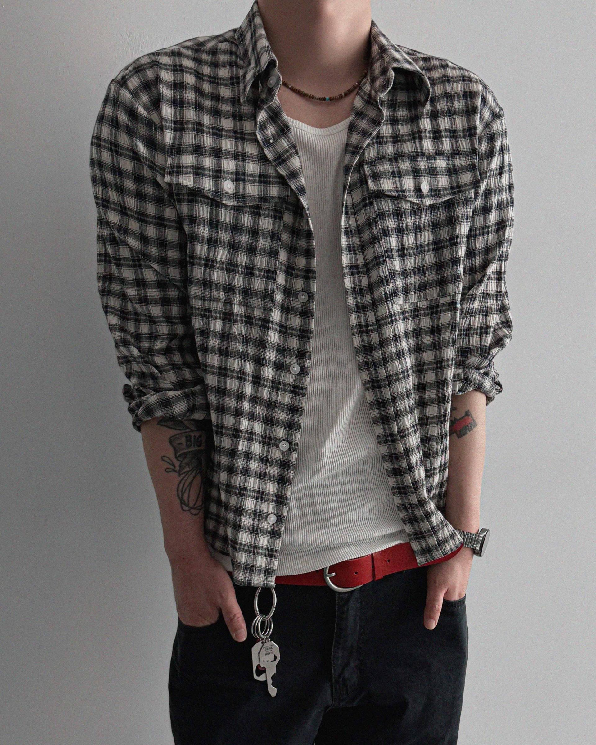 Linen two pocket crop check shirt