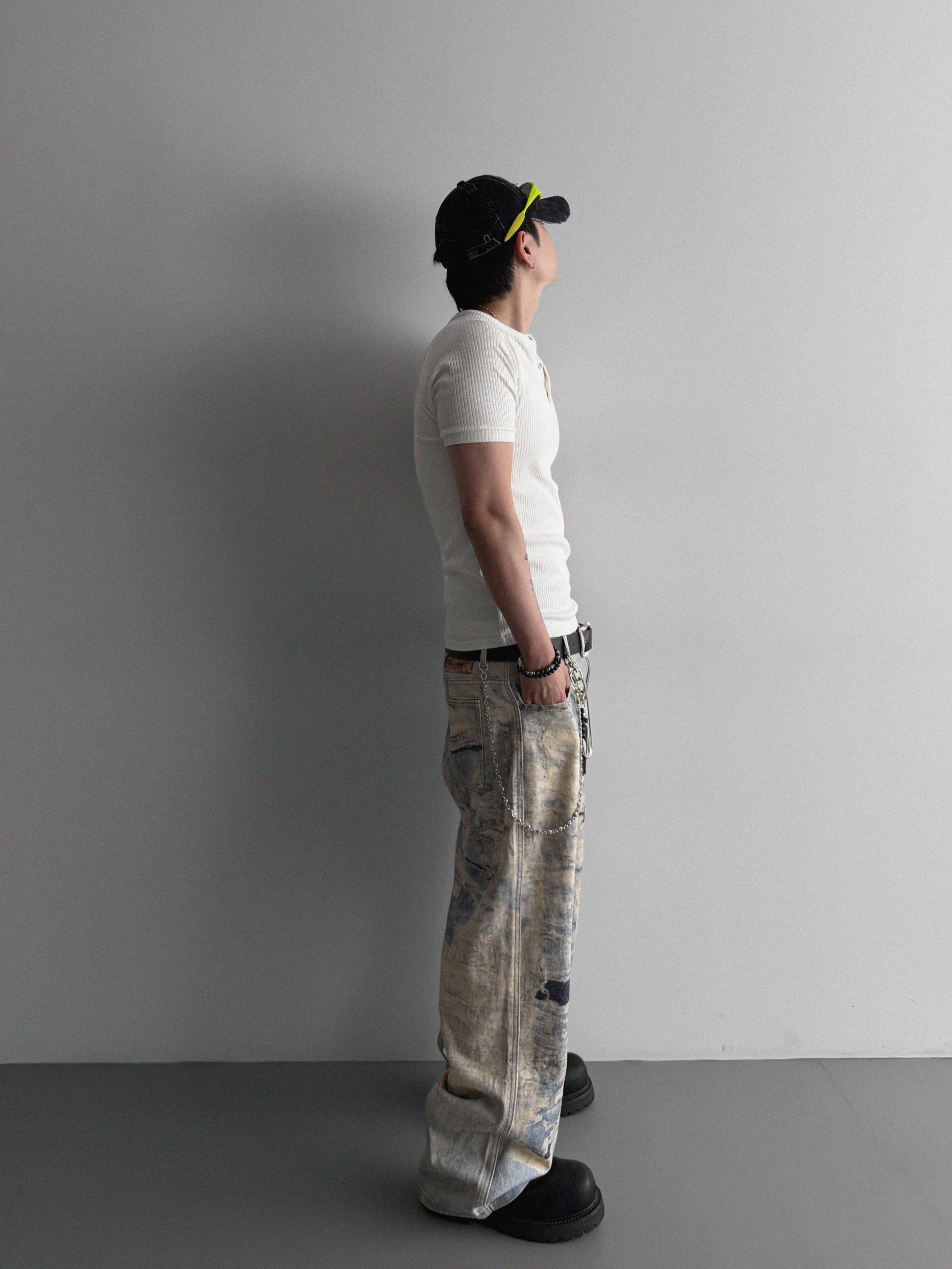 Fold ribbed henley neck muscle half t