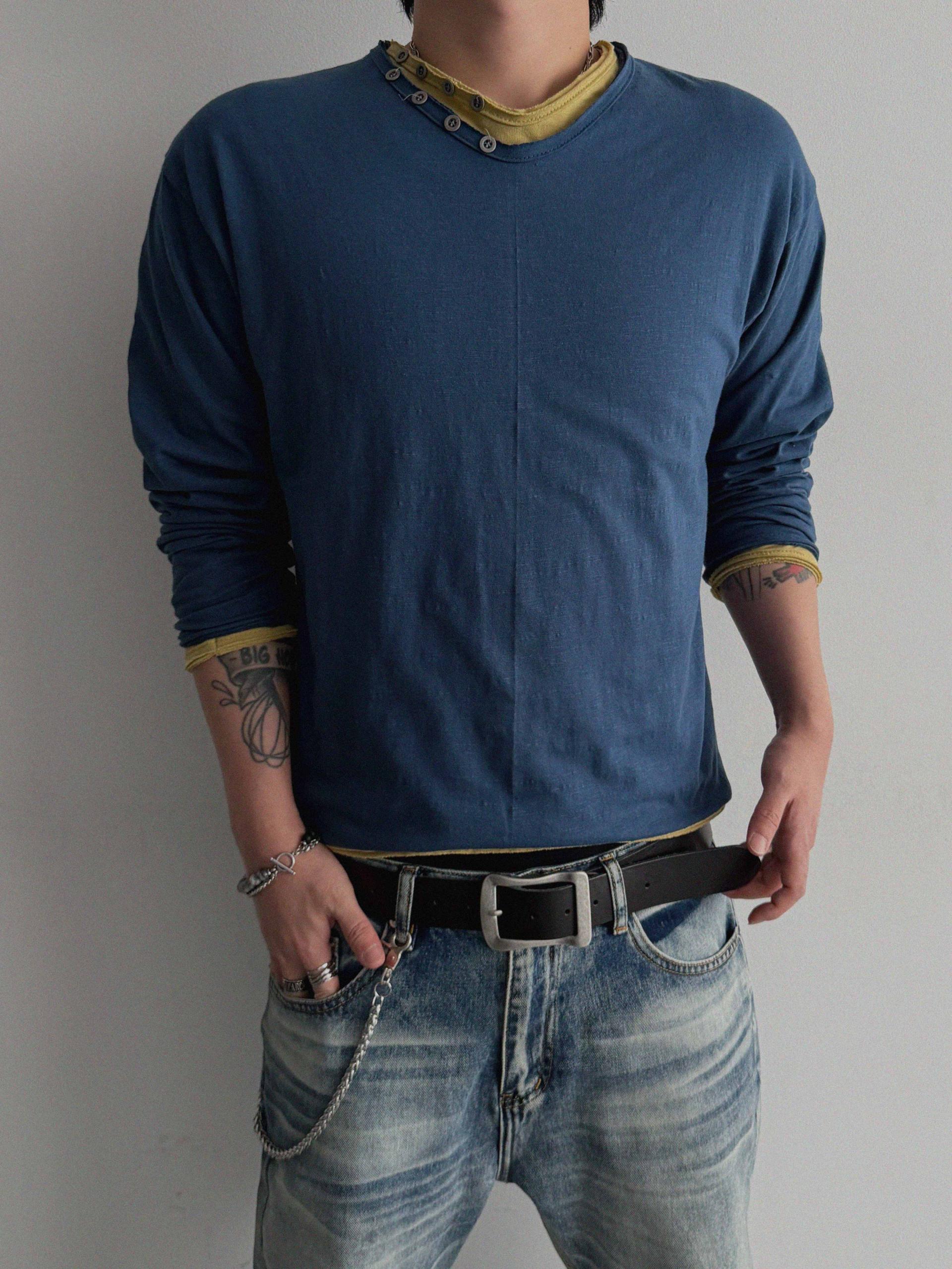 Button v-neck slub cutting crop t