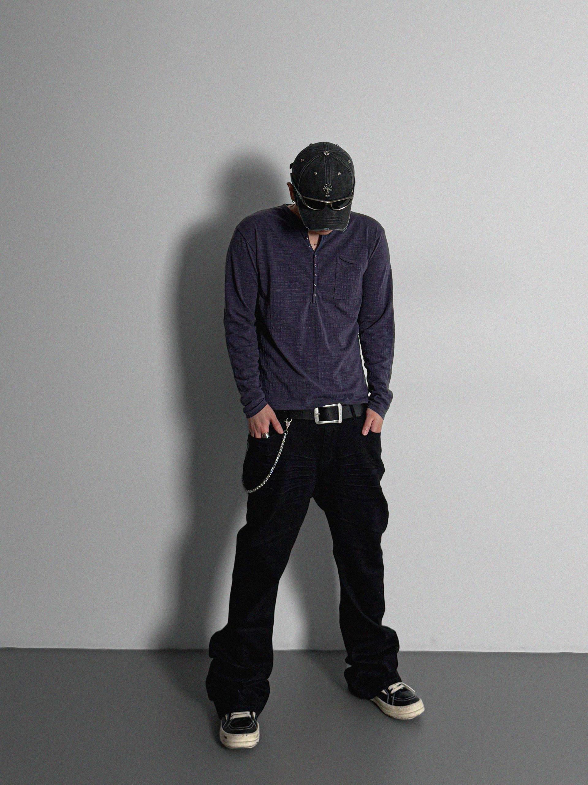 Button slub henley neck slim t