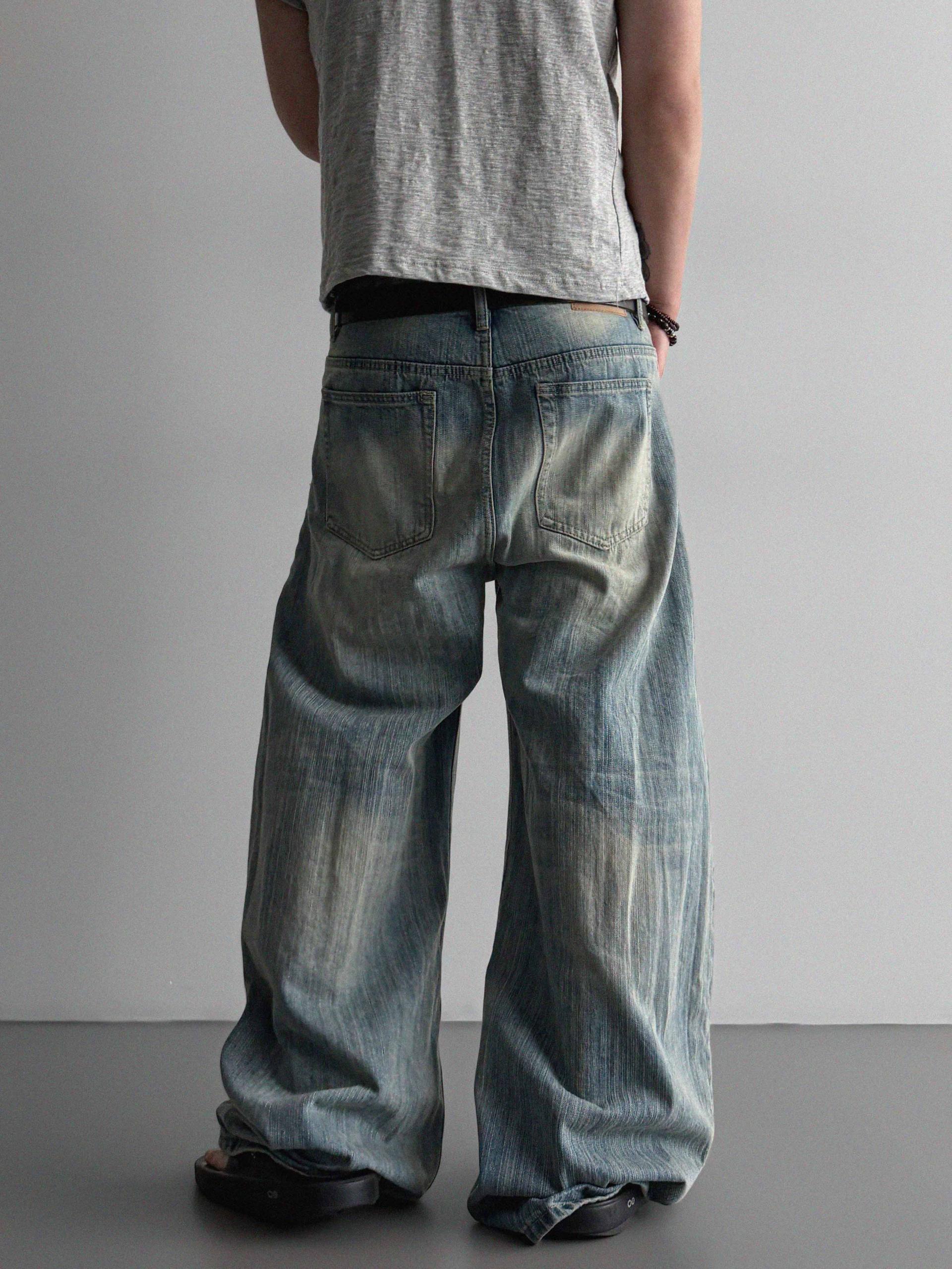 Striped washed curved denim pants