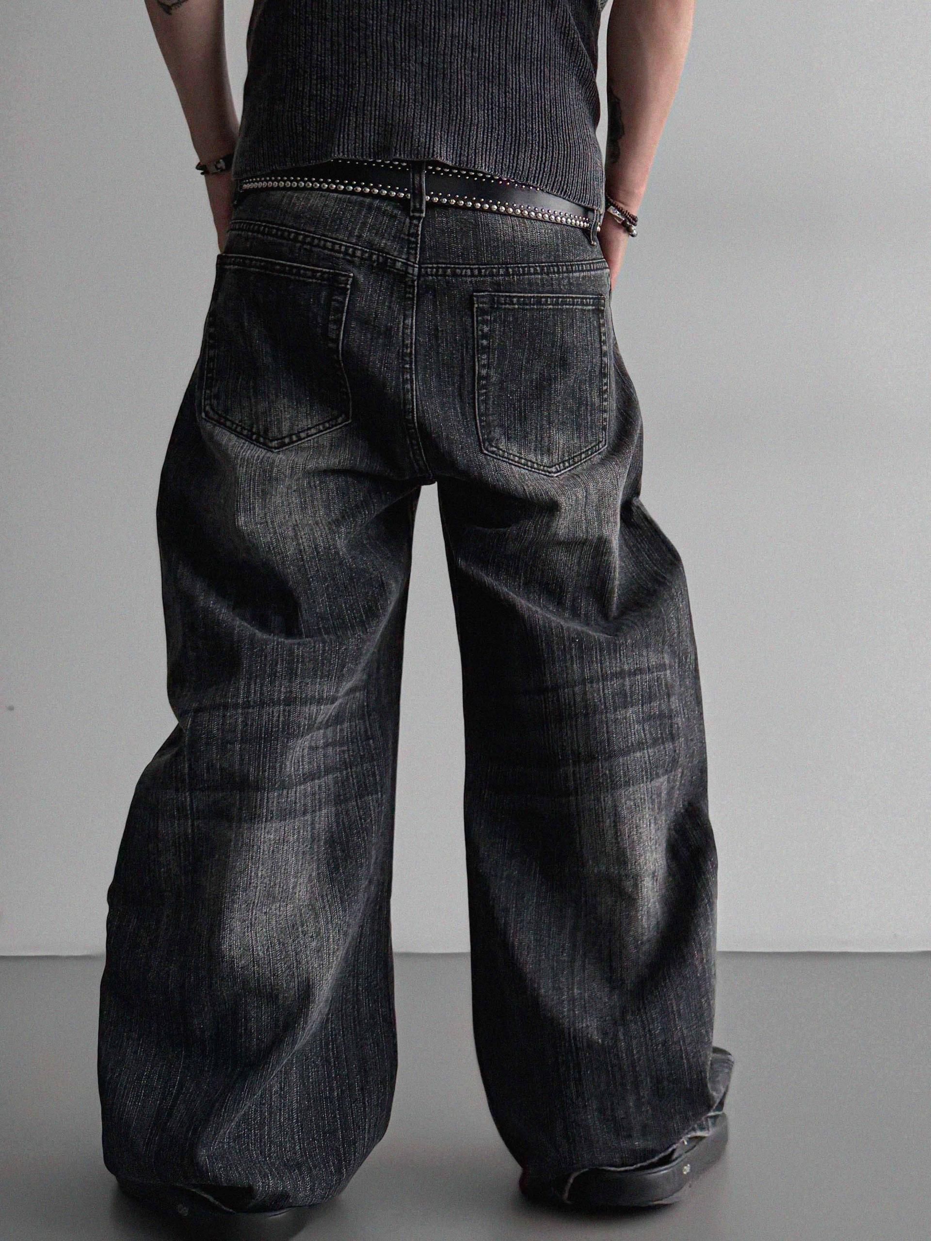 Striped washed curved denim pants