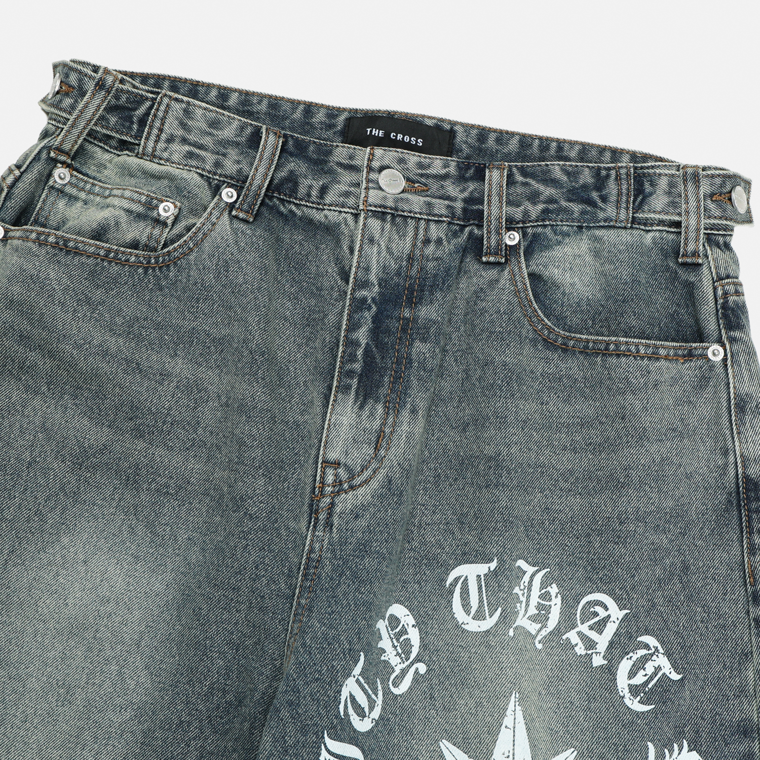 Star lettering curved denim pants