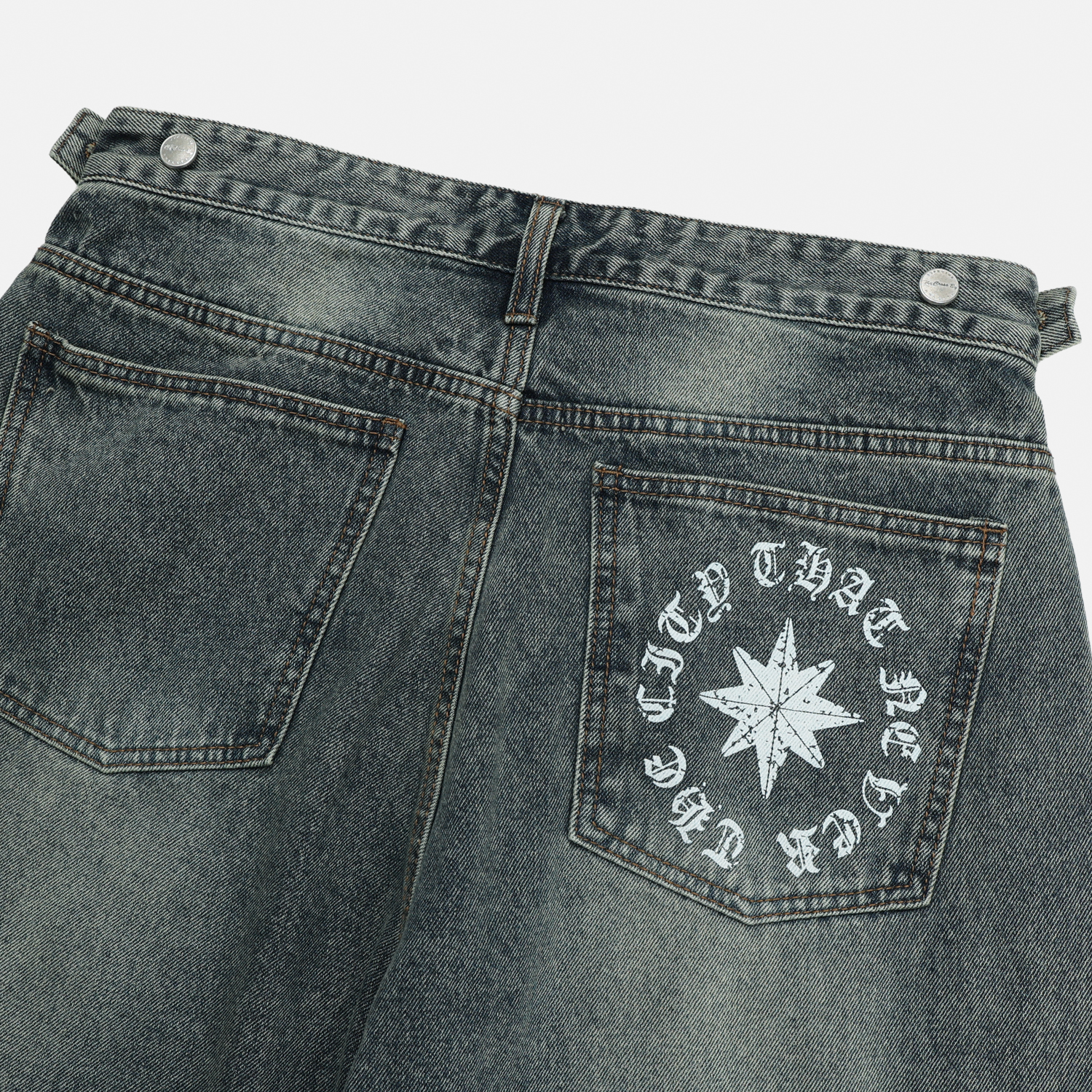 Star lettering curved denim pants