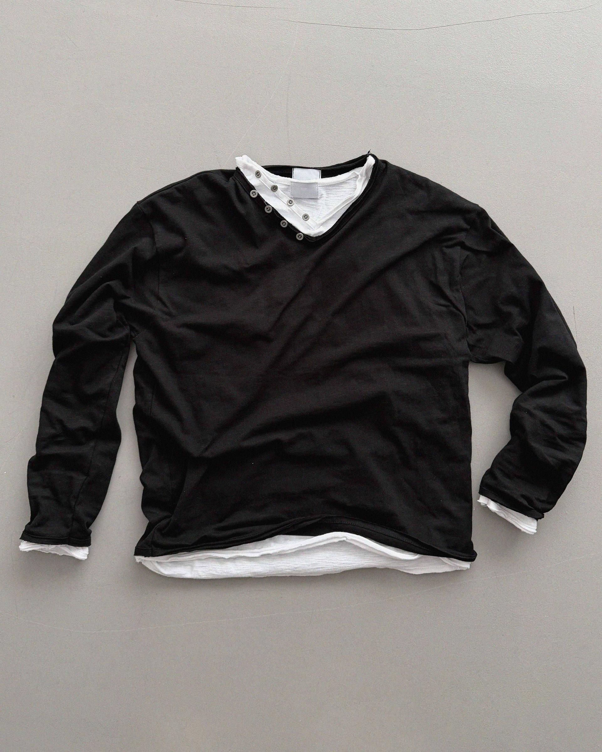 Button v-neck slub cutting crop t