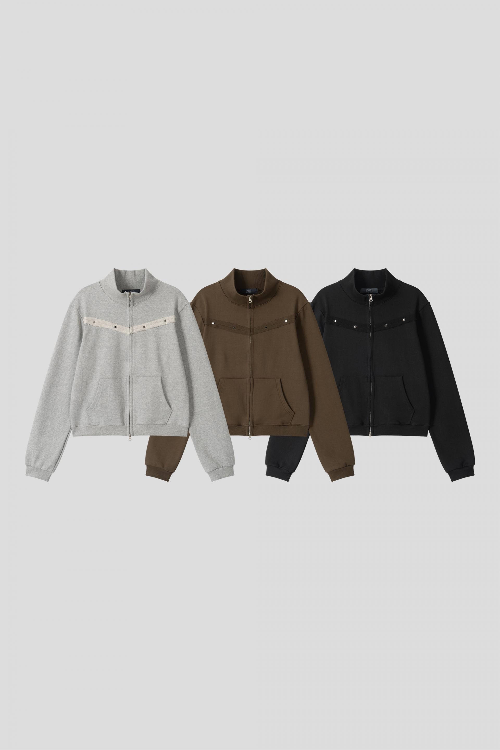 Fringe rivet slim high neck zip-up