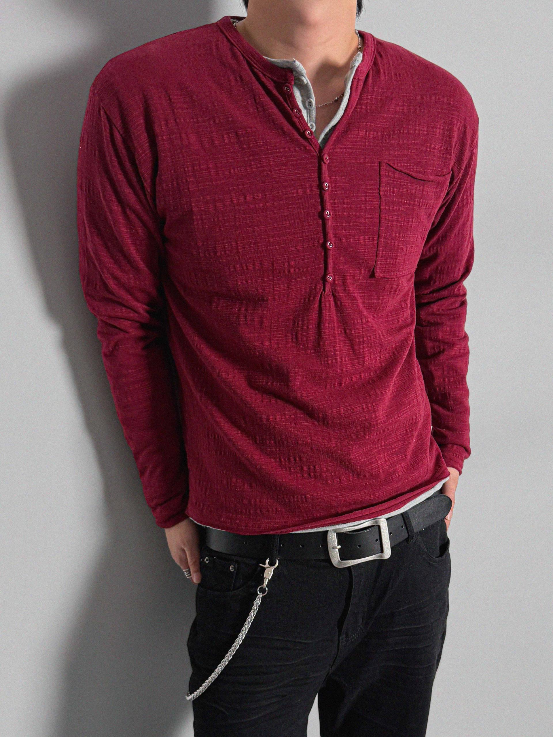 Button slub henley neck slim t