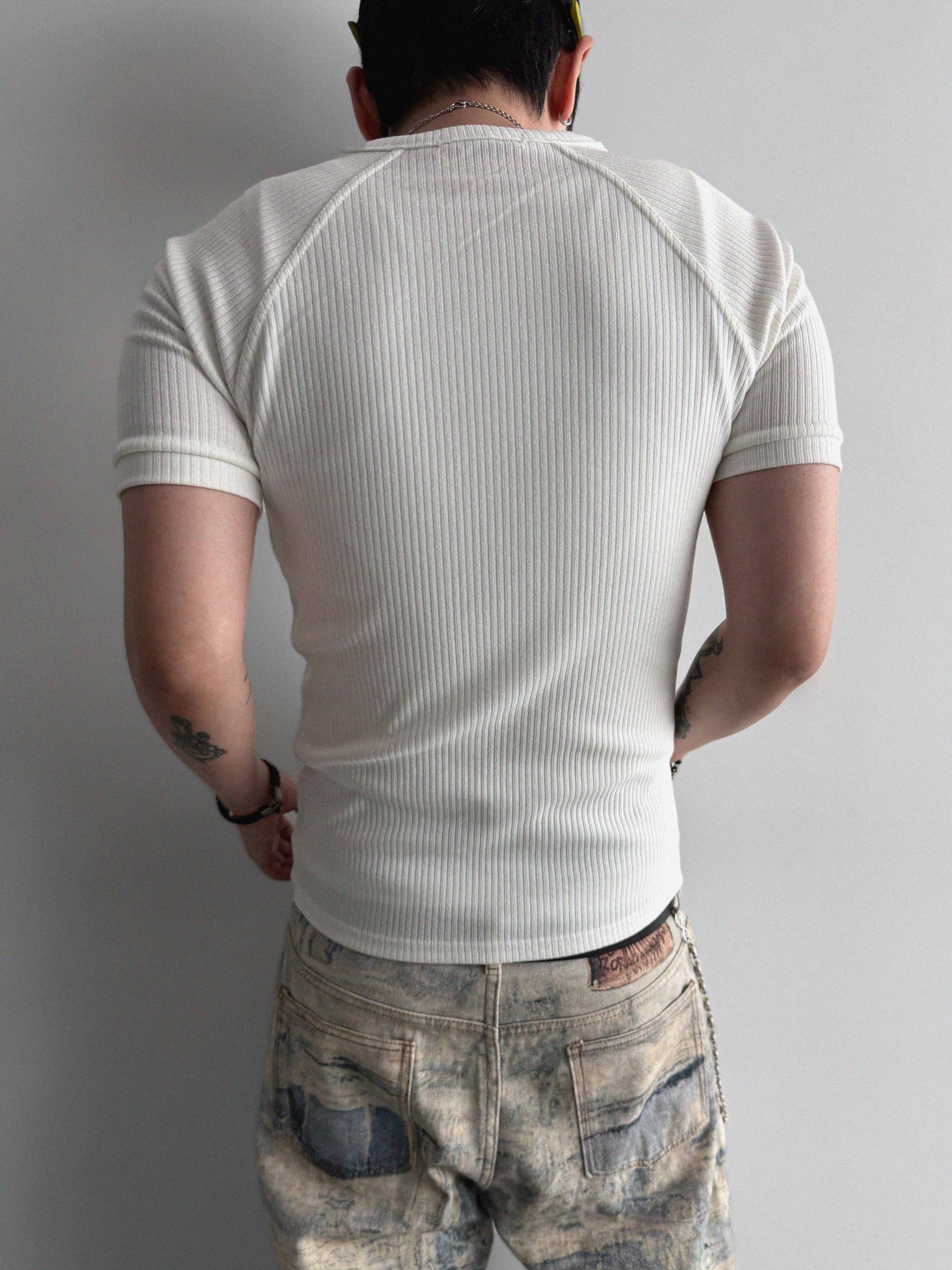 Fold ribbed henley neck muscle half t