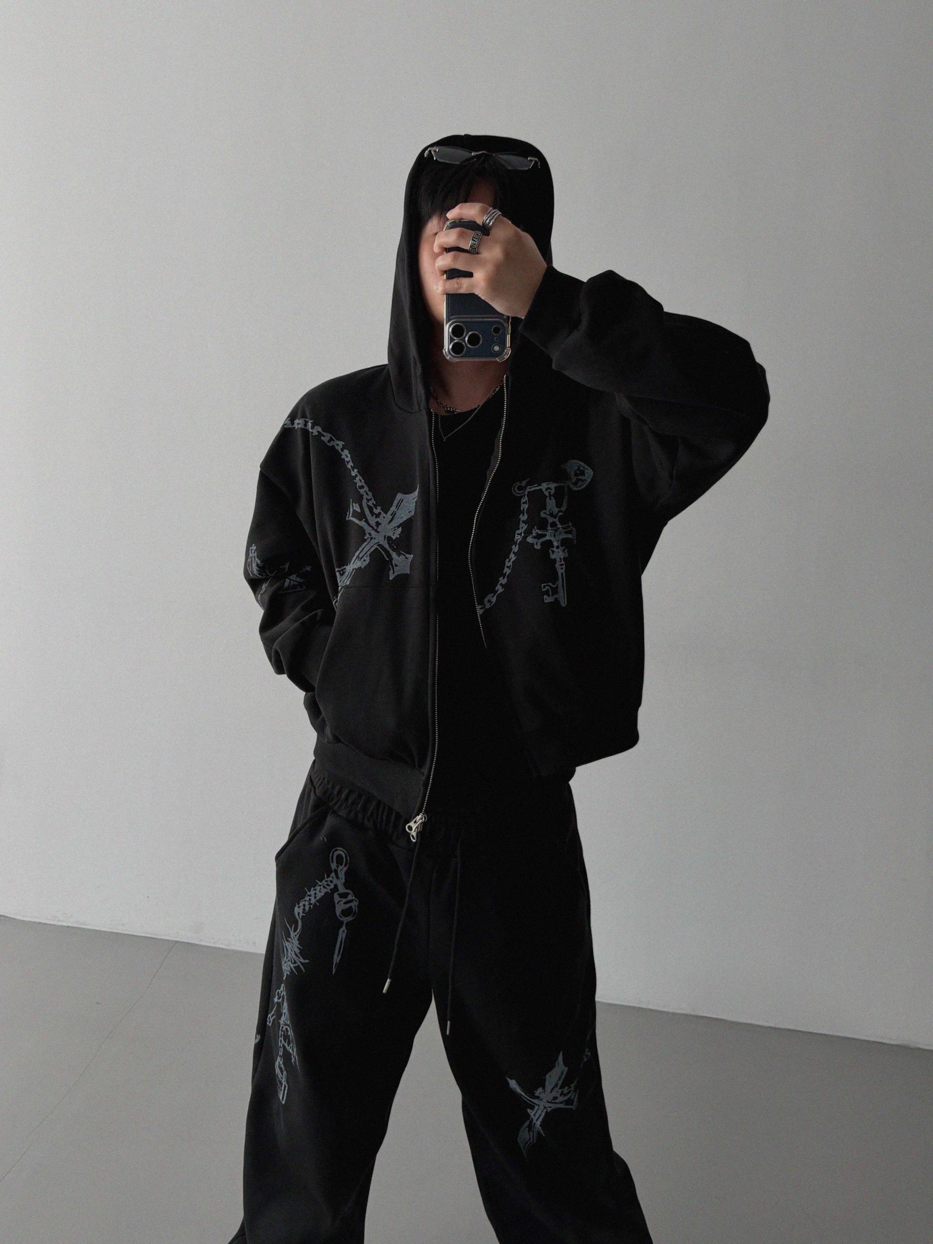 Keyring printed crop hood zip-up