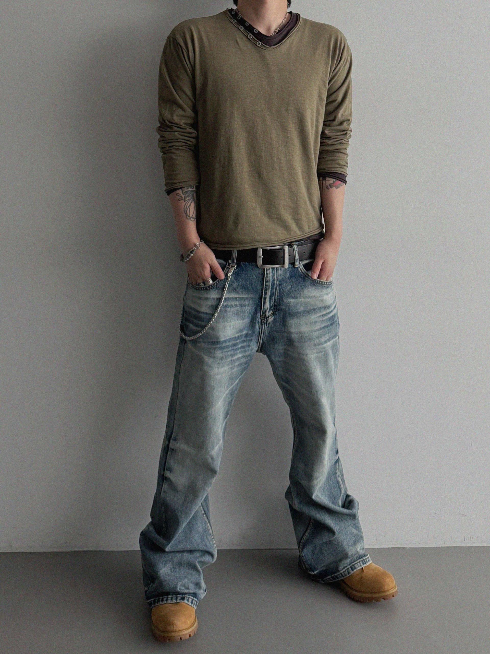 Button v-neck slub cutting crop t