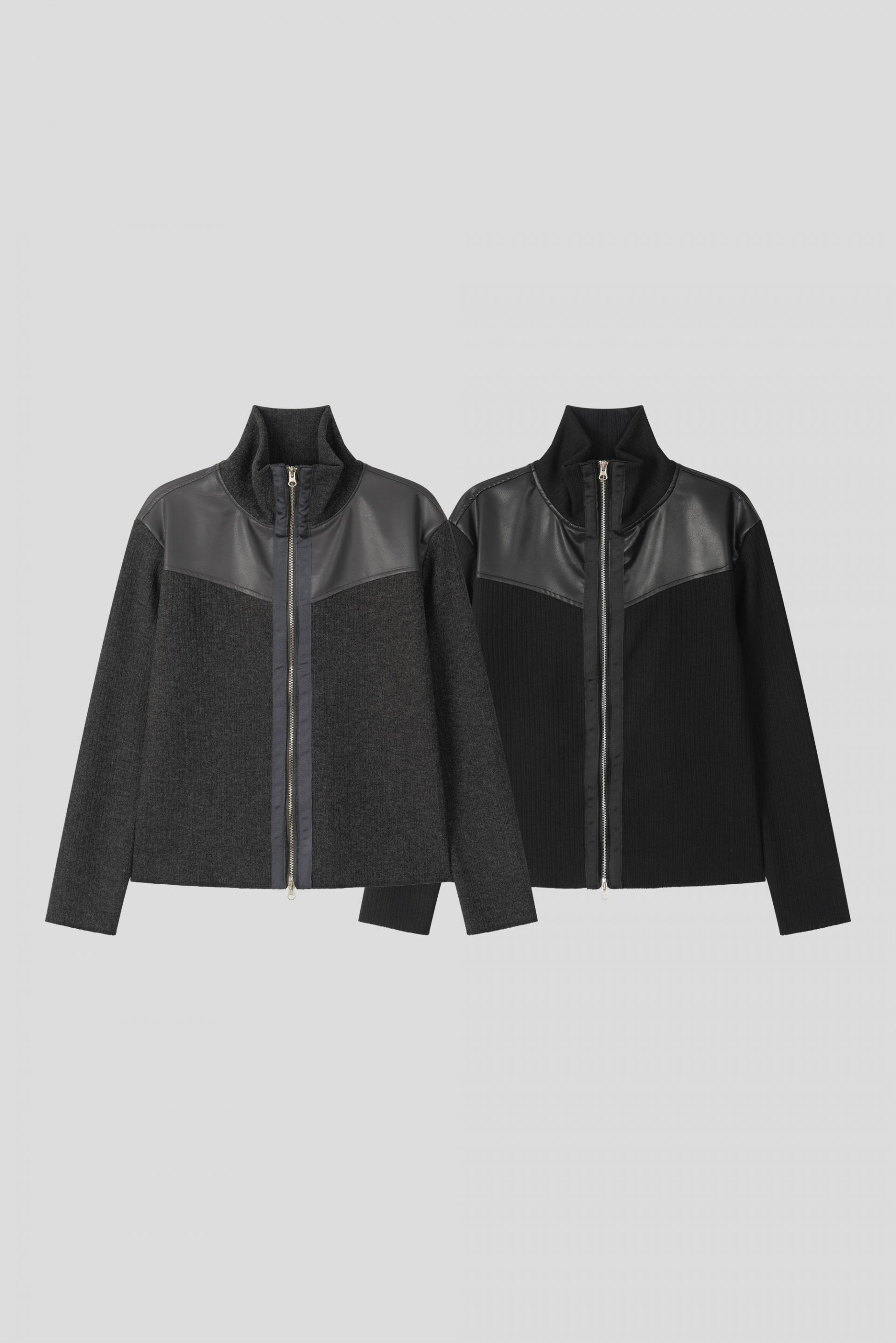 Shadow leather panel knit zip-up
