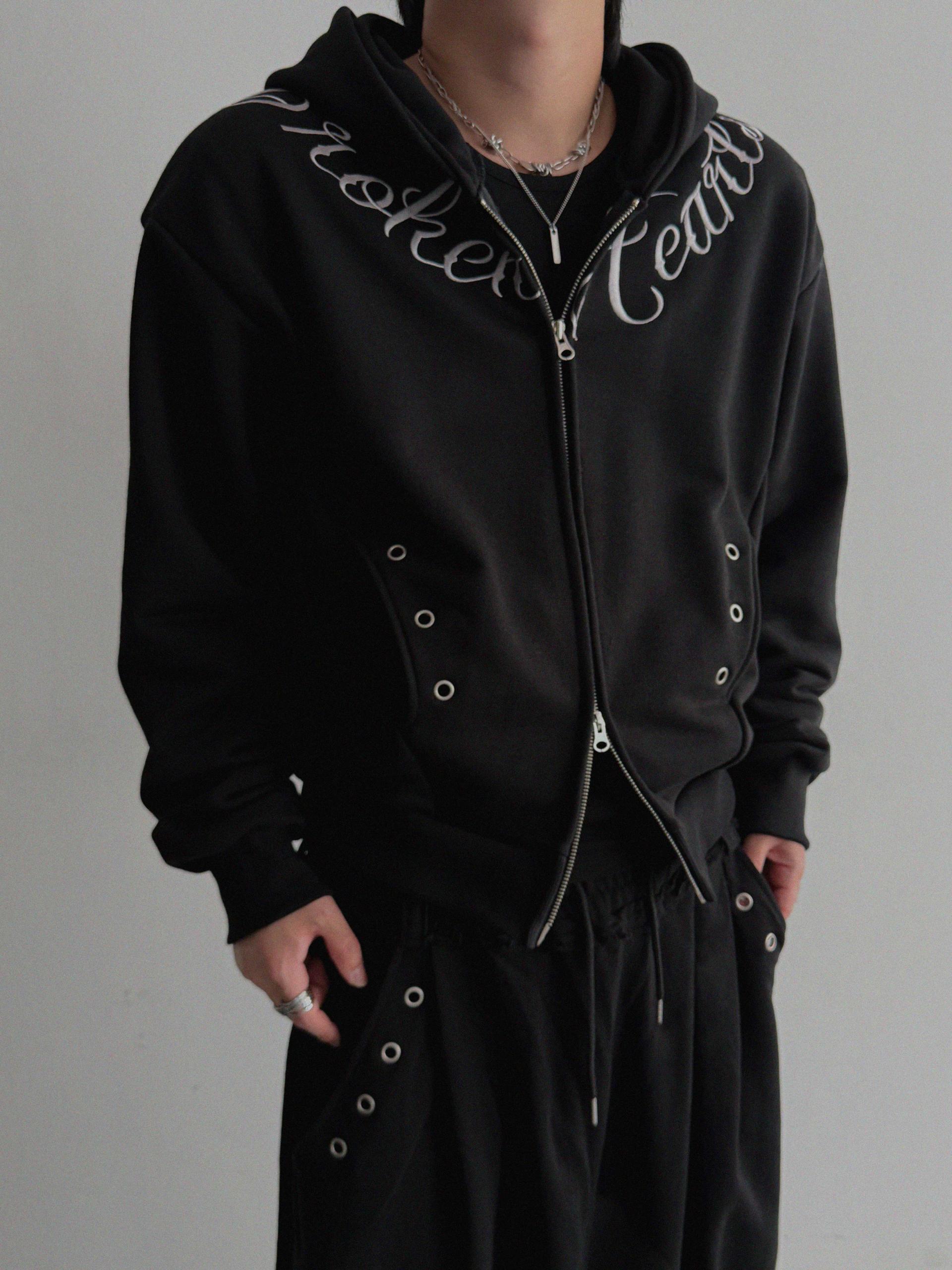 Broken eyelet crop hoodie zip-up