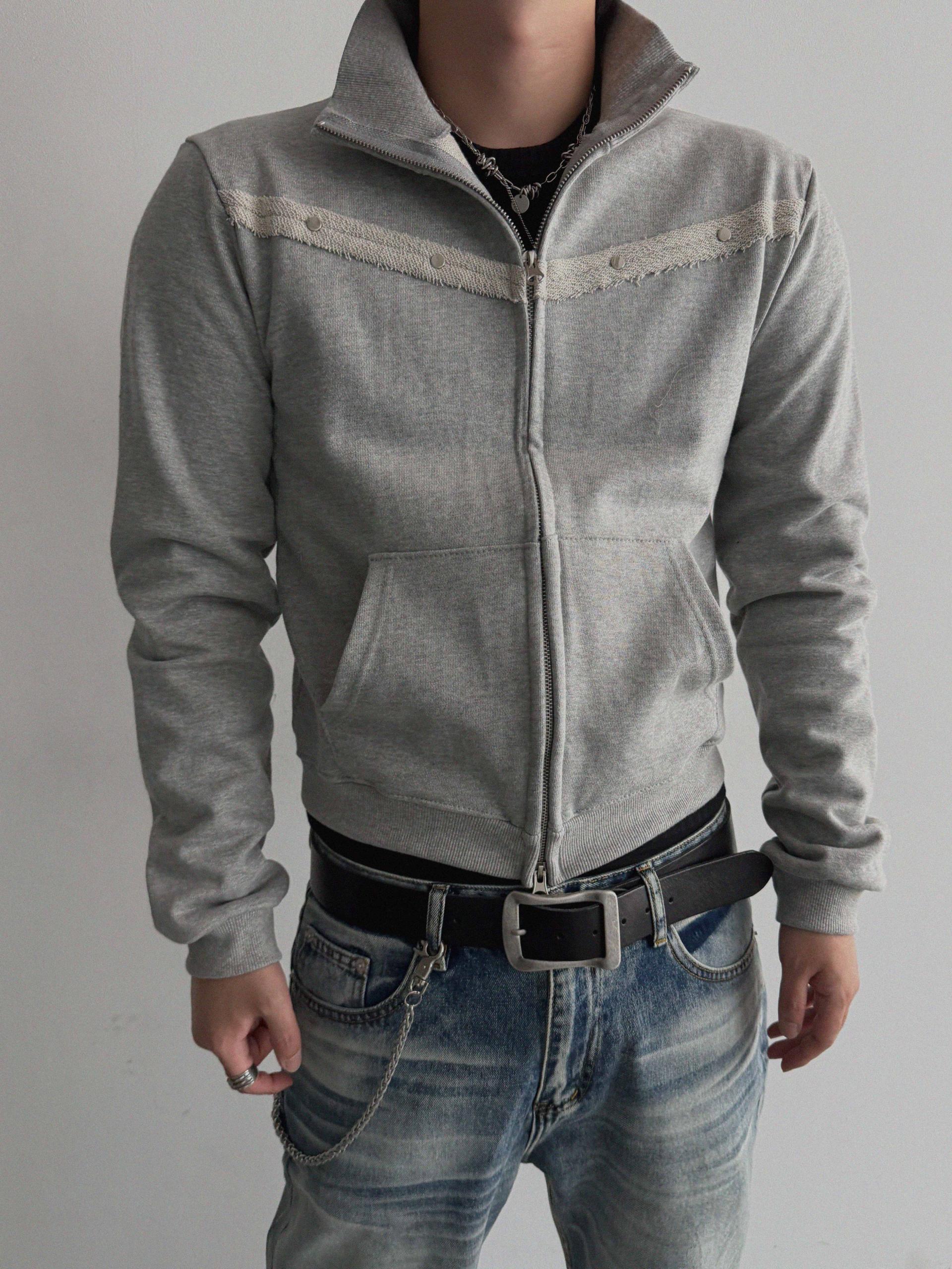 Fringe rivet slim high neck zip-up