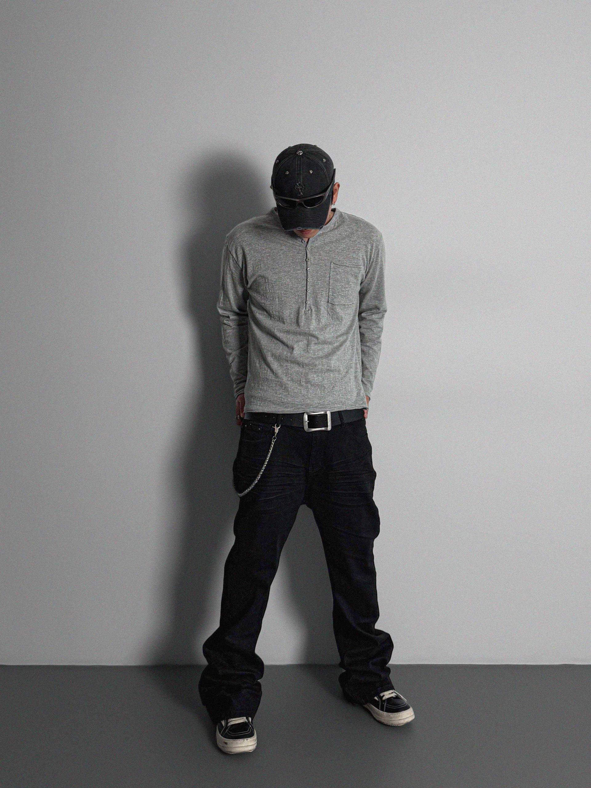 Button slub henley neck slim t