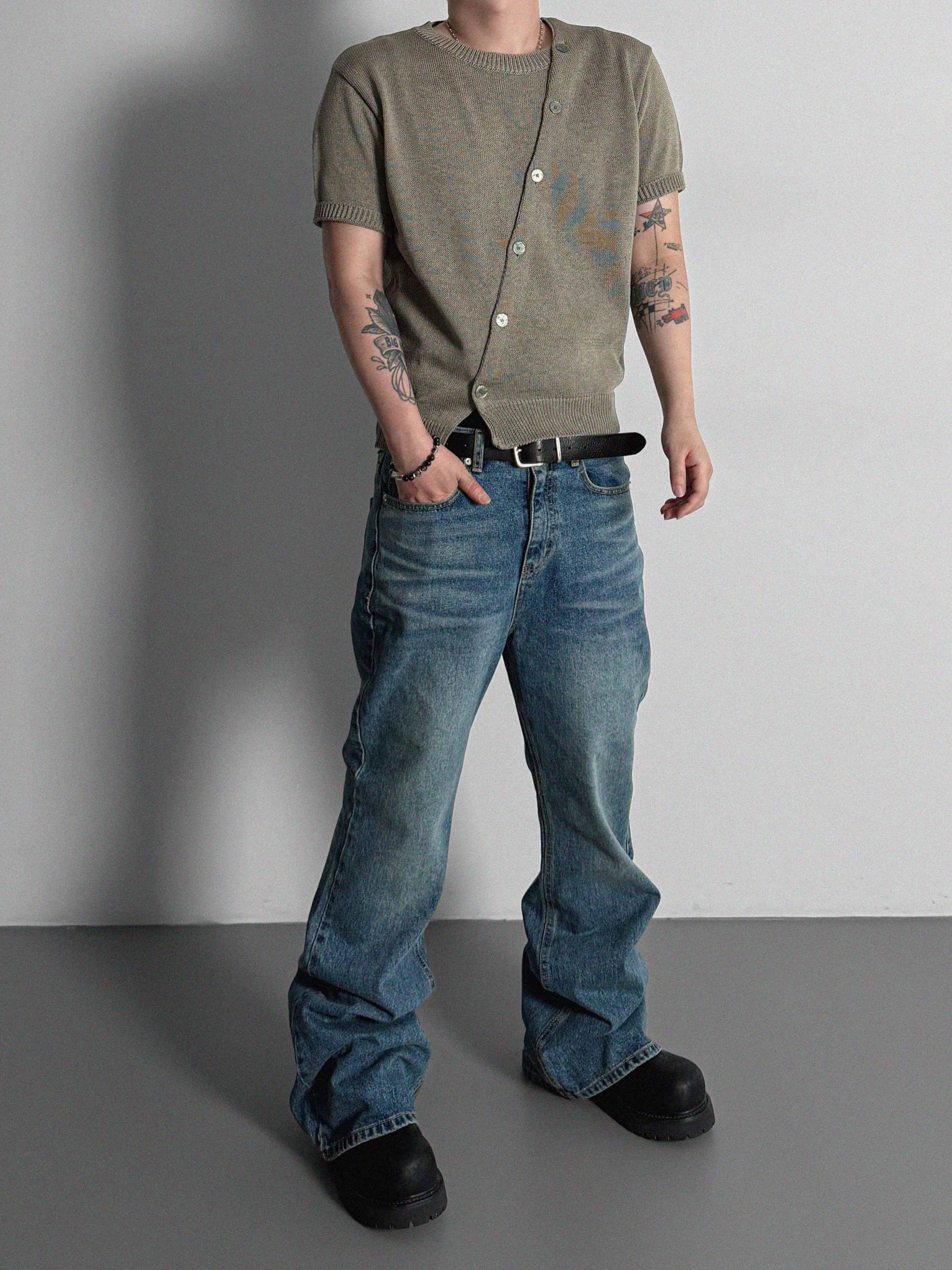 Slit button linen knit