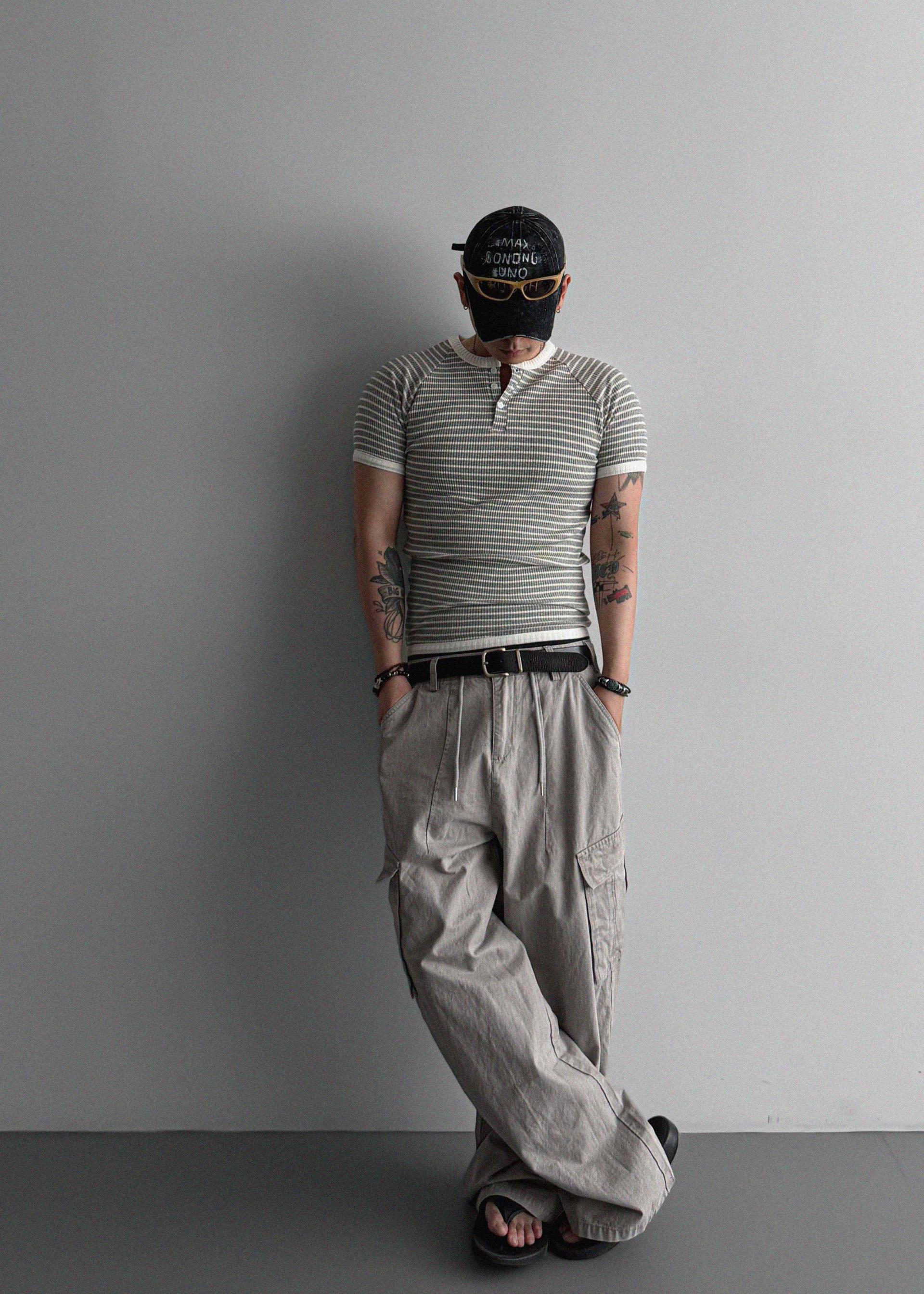 Ribbed stripe henley neck muscle half T
