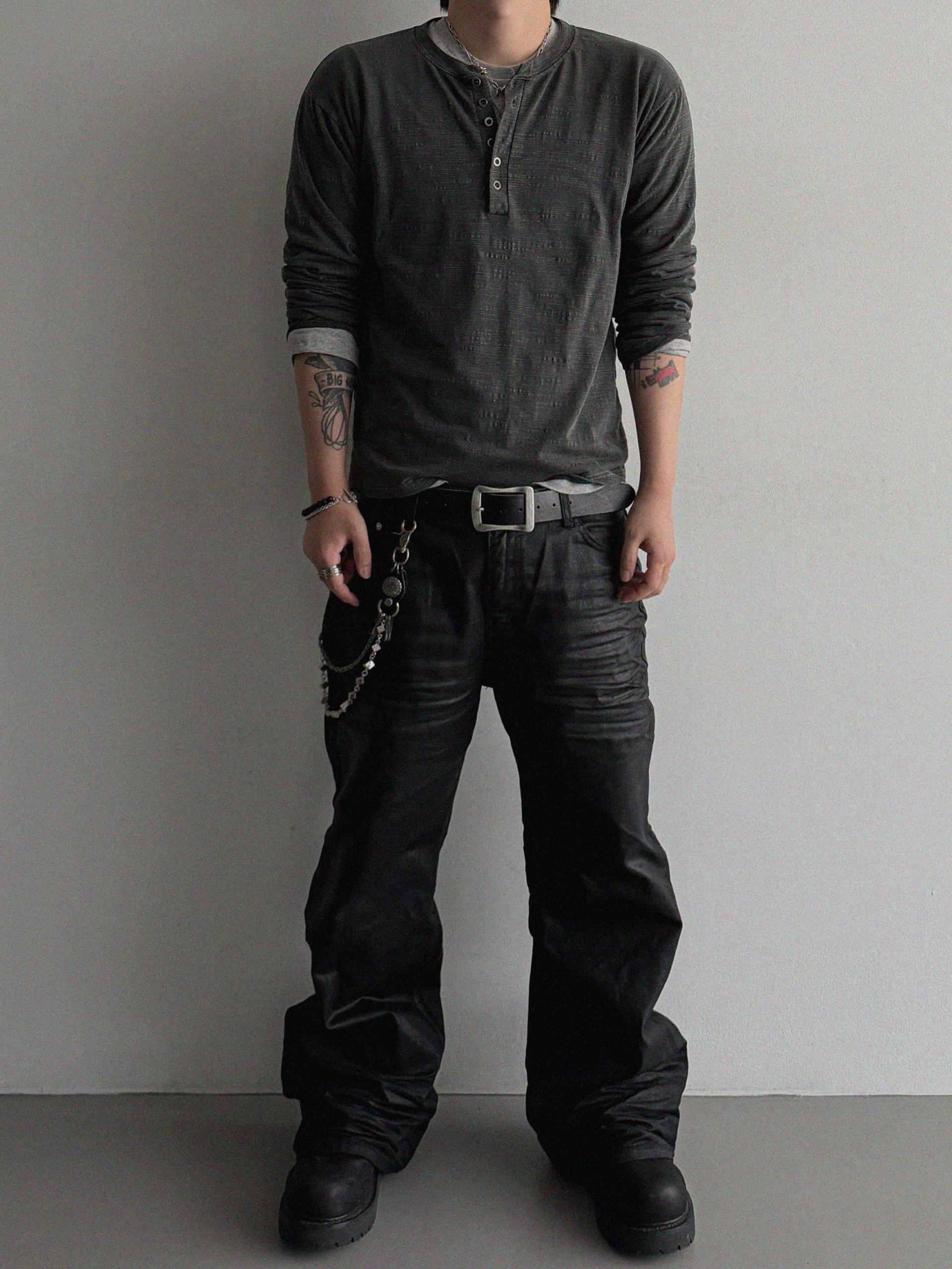 Embo coated semi flare pants