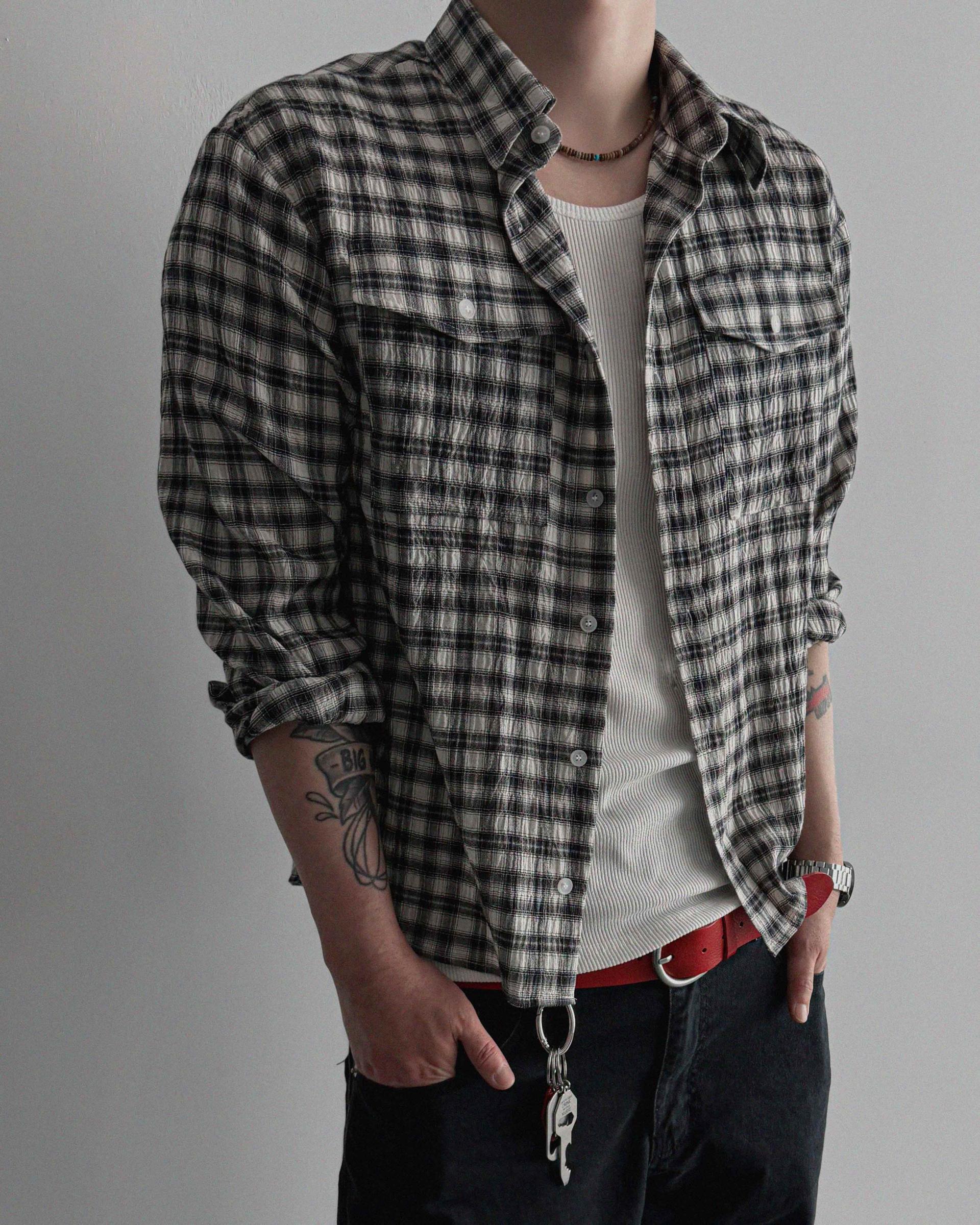 Linen two pocket crop check shirt