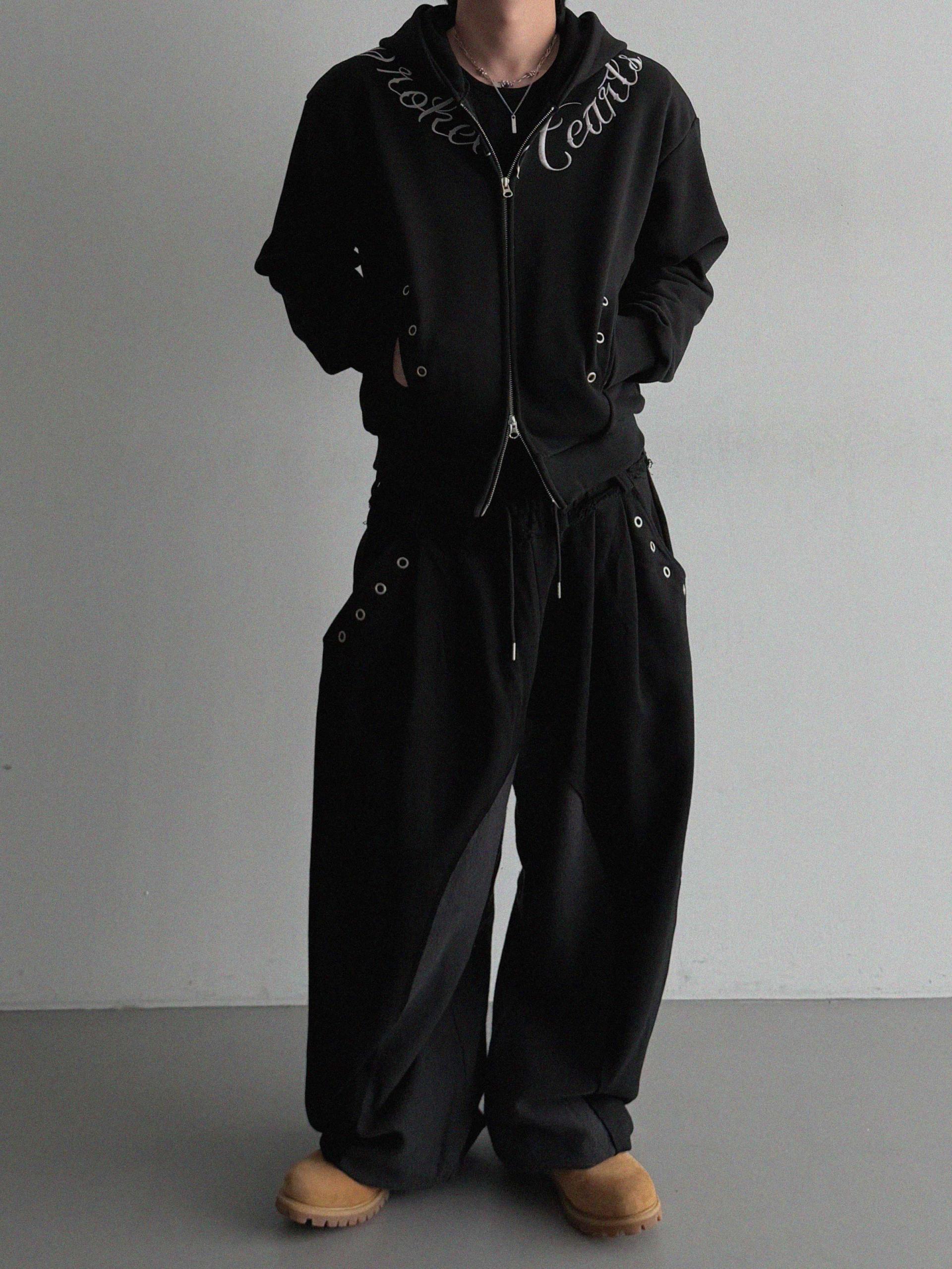 Broken eyelet crop hoodie zip-up