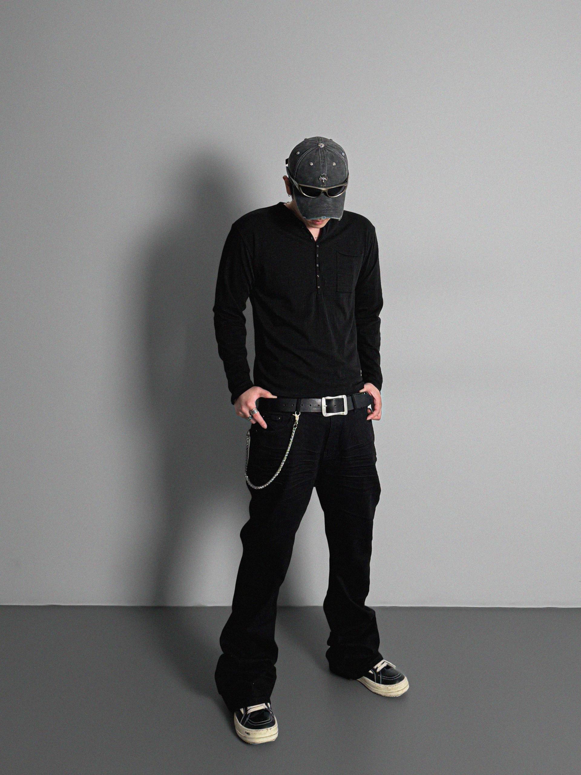 Button slub henley neck slim t